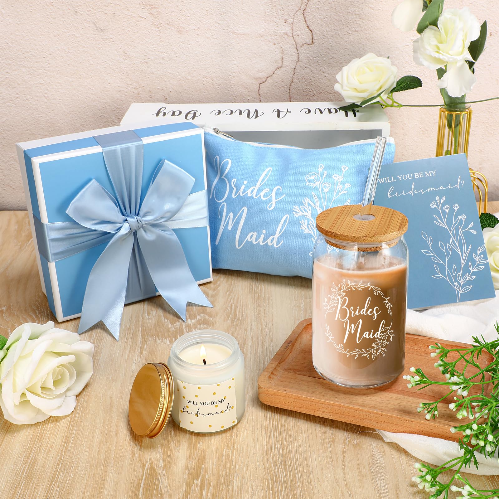 Inbagi Brautjungfern-Geschenkbox – Set Mit Glasbecher, Duftkerze, Make-up-Tasche & Karte