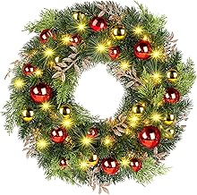ilikable Christmas Wreath, 16’’ Wreath with 40 LED Lights, 8 Modes&Timer Function Xmas Decor Wreath Garland, Christmas Decoration Wreath with Red Gold Balls for Outdoor Indoor Home Front Door Window