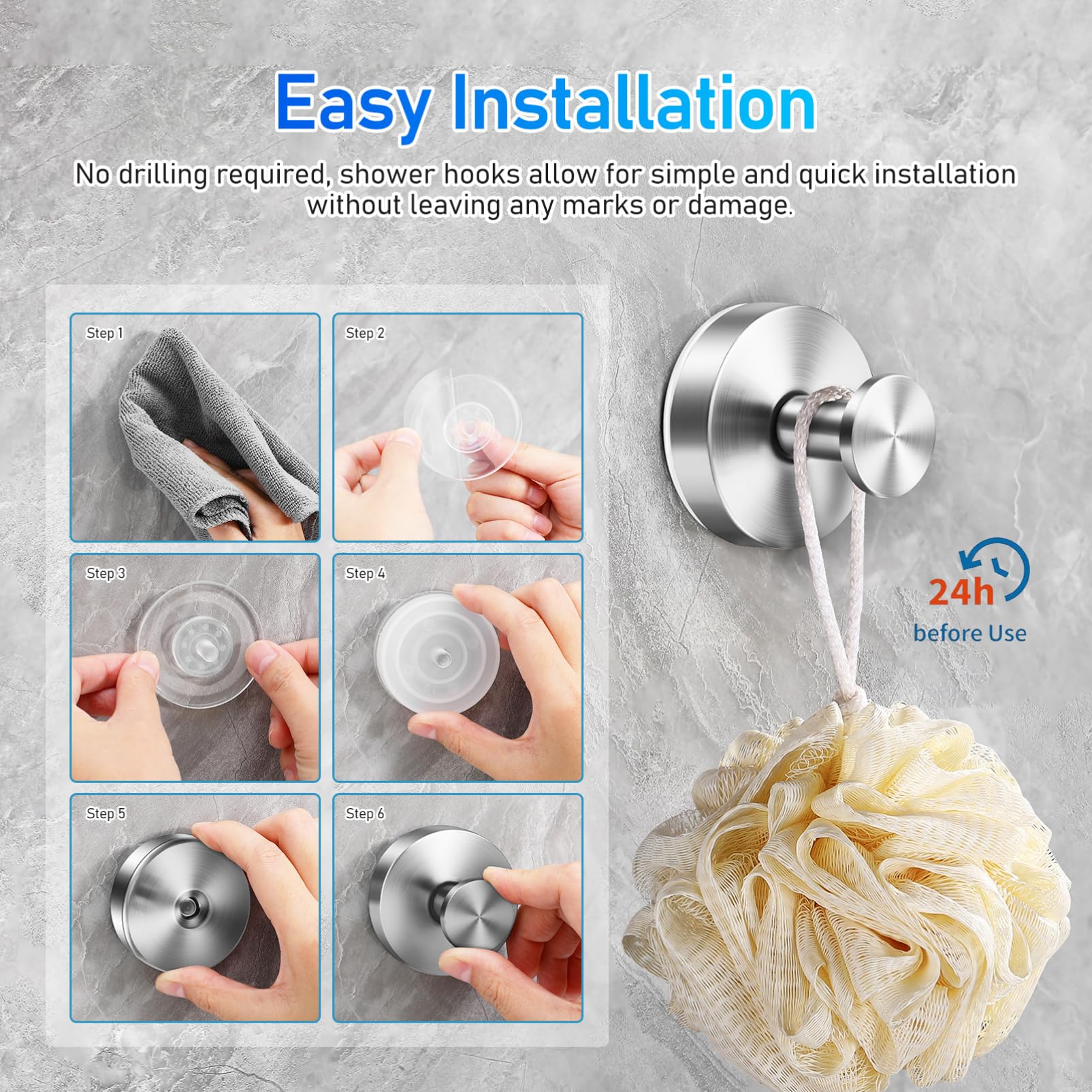 Mobestech Stainless Steel Suction Cup Hooks for Bathroom Towels and Bathrobes No Drill Removable Suction Towel Hooks with Strong Hold Easy Install Wall Mount Hangers - Image 4