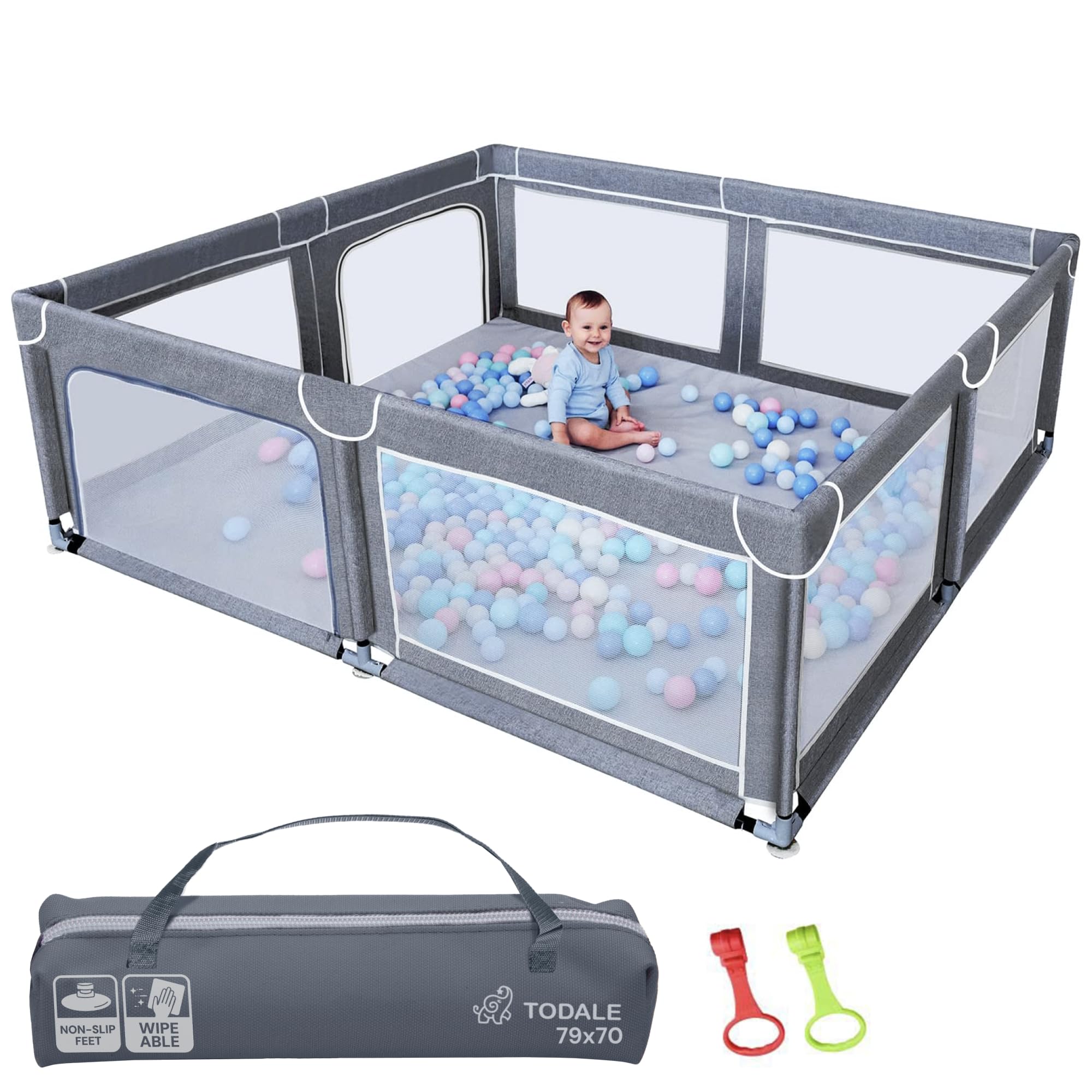 Todale Baby Playpen - 79 x 70 in, Gray - Foldable & Collapsible Playpen Yard with Mesh Panels & Safety Gate - Adjustable Extra Large Play Area for Babies & Toddlers