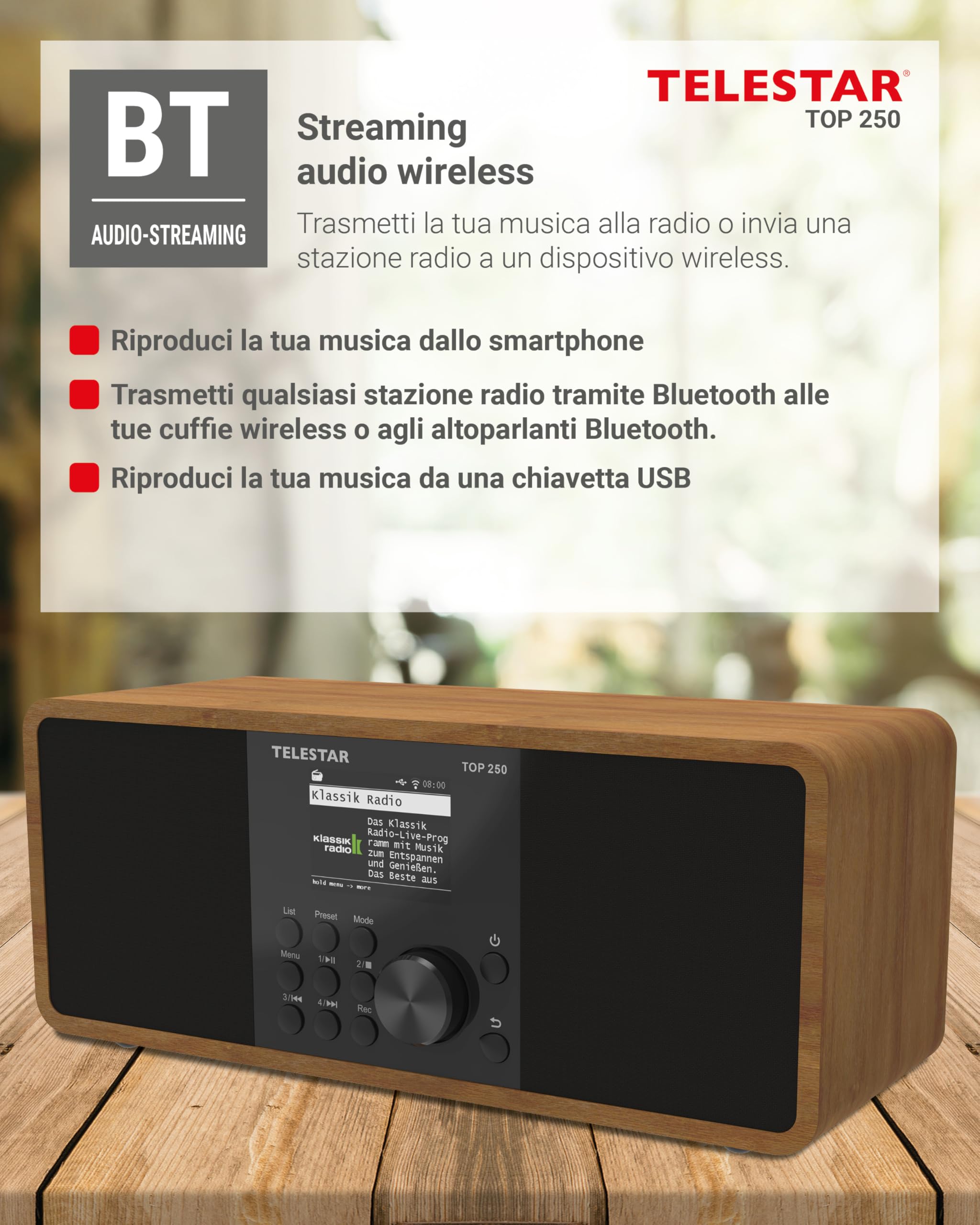 TELESTAR TOP 250 Radio DAB+ Internet Bluetooth Audio-Streaming 2x10W USB registrazione Legno