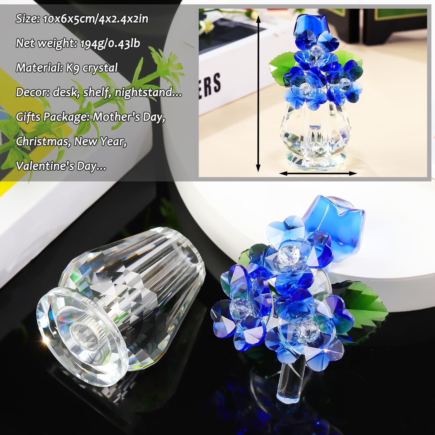 Arikyrist Adorno de ramo de flores de cristal para mujer, figura de rosa de cristal para decoración del hogar (azul)