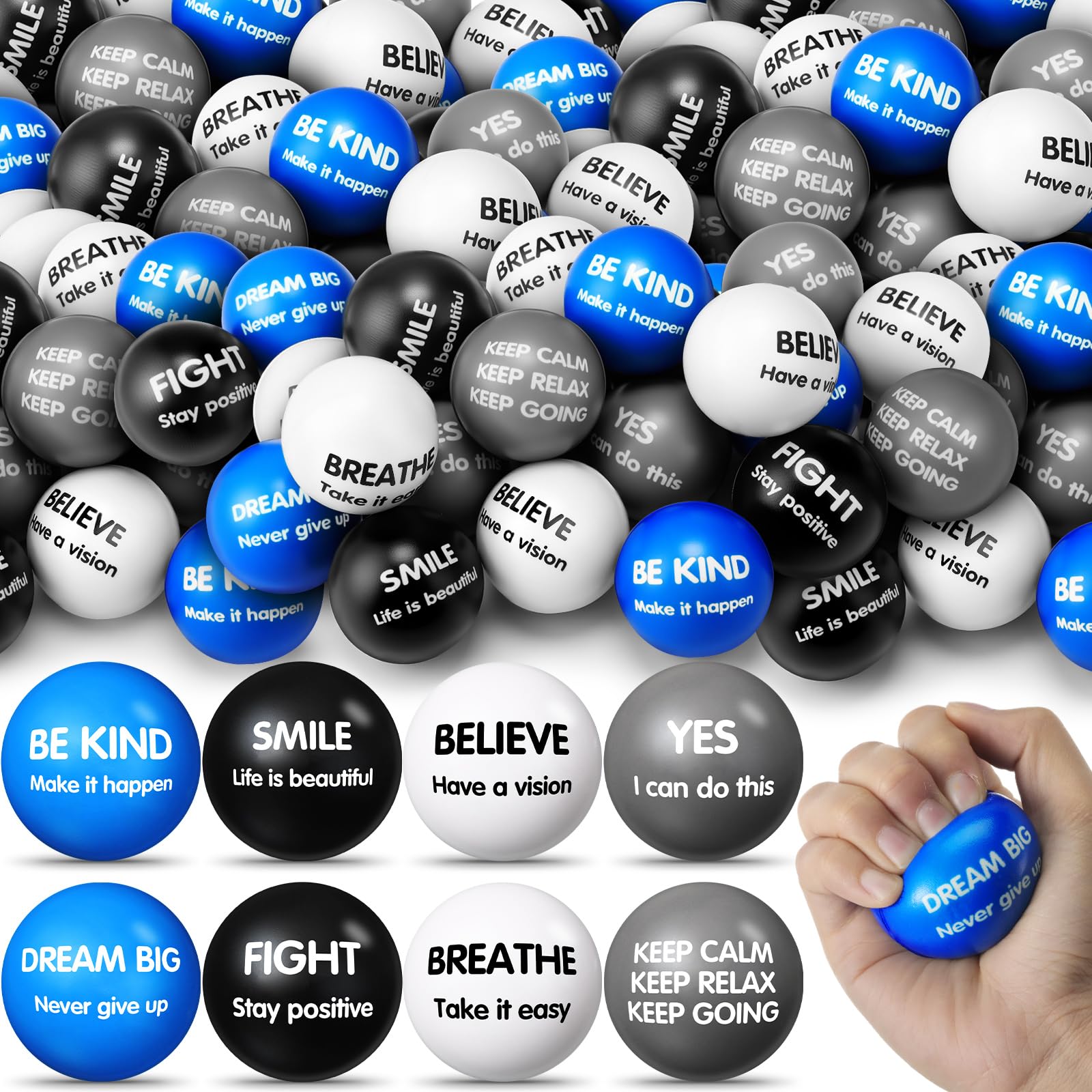 Liliful 48 Pcs Motivational Stress Balls Bulk Inspirational Squeeze Balls for Adult Fidget Toys for Anxiety Relief Valentines Day Employee Appreciation Gifts Classroom Reward 2.2 Inch (Black and Blue)