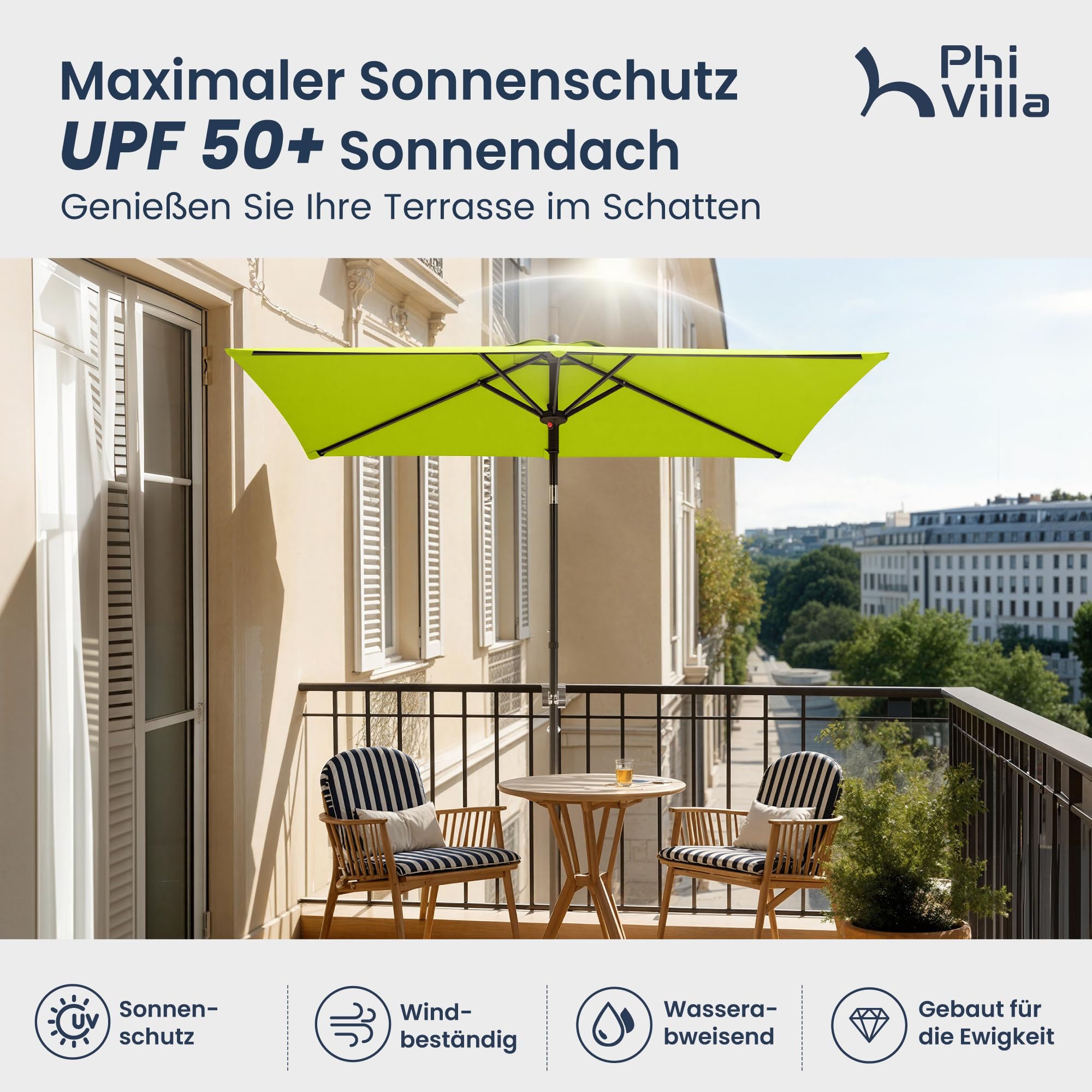 PHI VILLA Ombrellone rettangolare da giardino, 210 x 140 x 220 cm, con morsetto, inclinabile, antivento, stabile da trasportare, protezione UV50+, per balcone, terrazza, ringhiera, tavolo