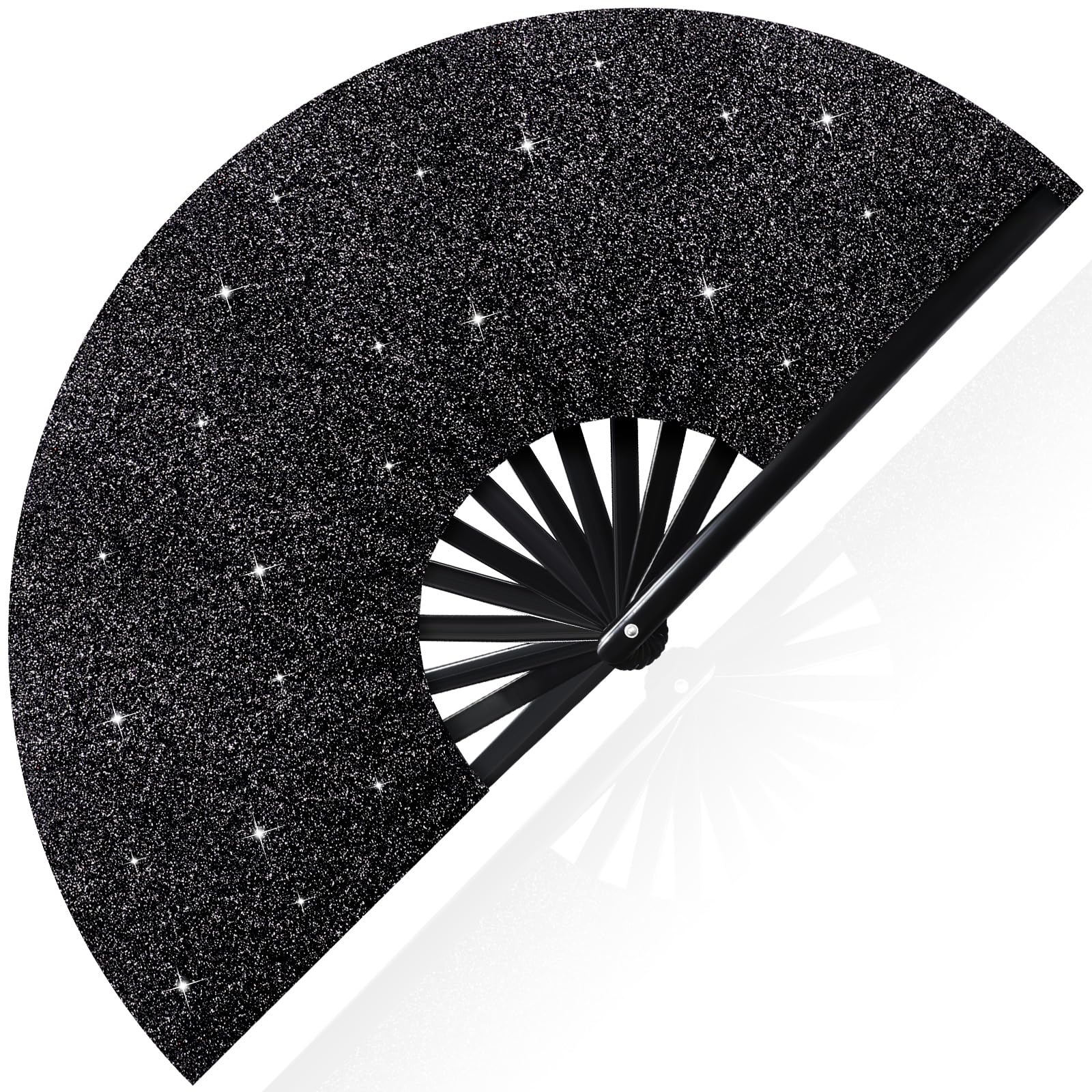 Vercraft 13'' Large Rave Fan for Women Rave Accessories Festival Outfits Glitter Hand Folding Clack Fan for Line Dancing Edm Music Festival Outfits(Black)