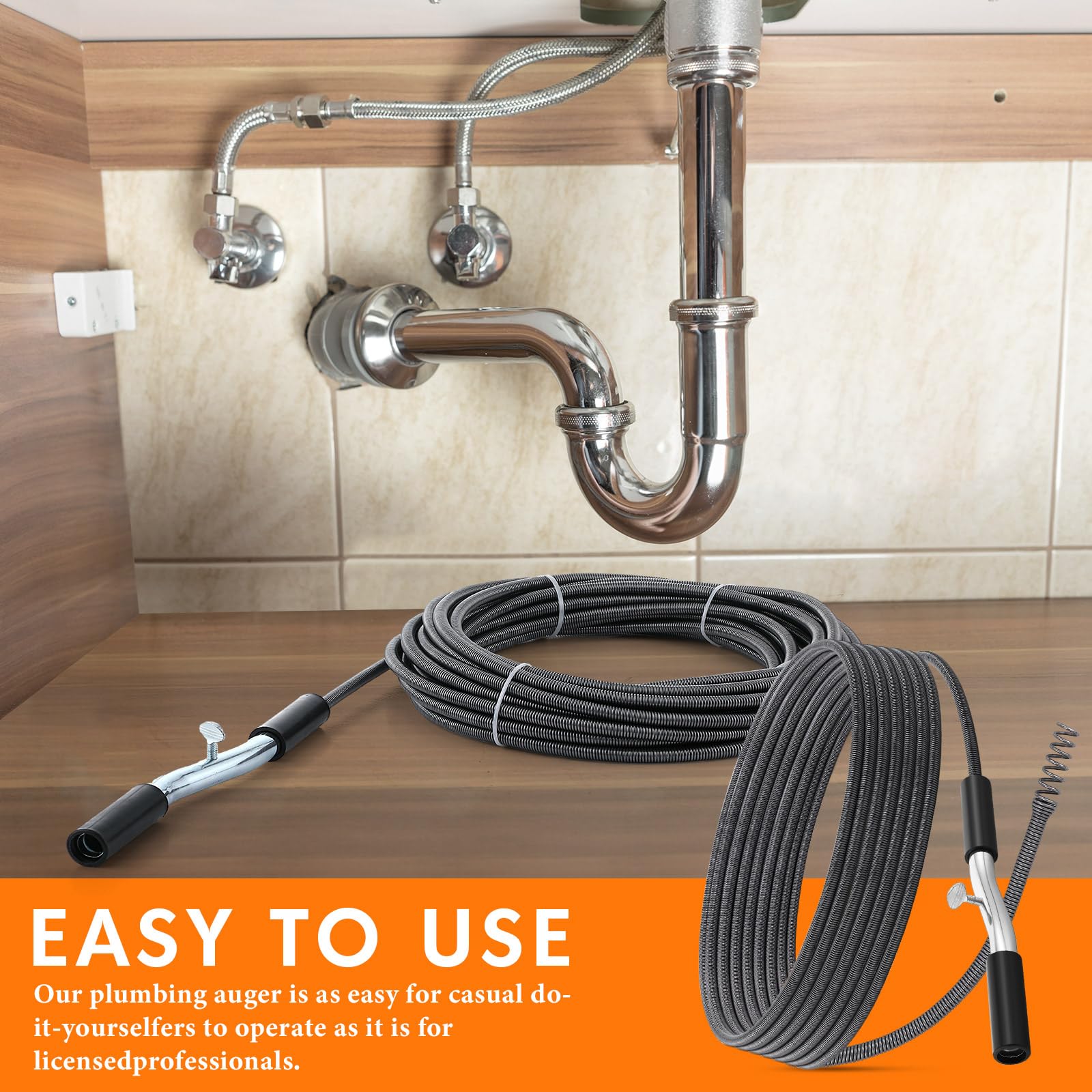 Threlaco Serpiente de fontanería de 50 pies para bloqueos profundos y pesados de 3/8 pulgadas de diámetro, cables de fontanería flexibles para cocina, baño, ducha, fregadero, limpieza, obstrucciones