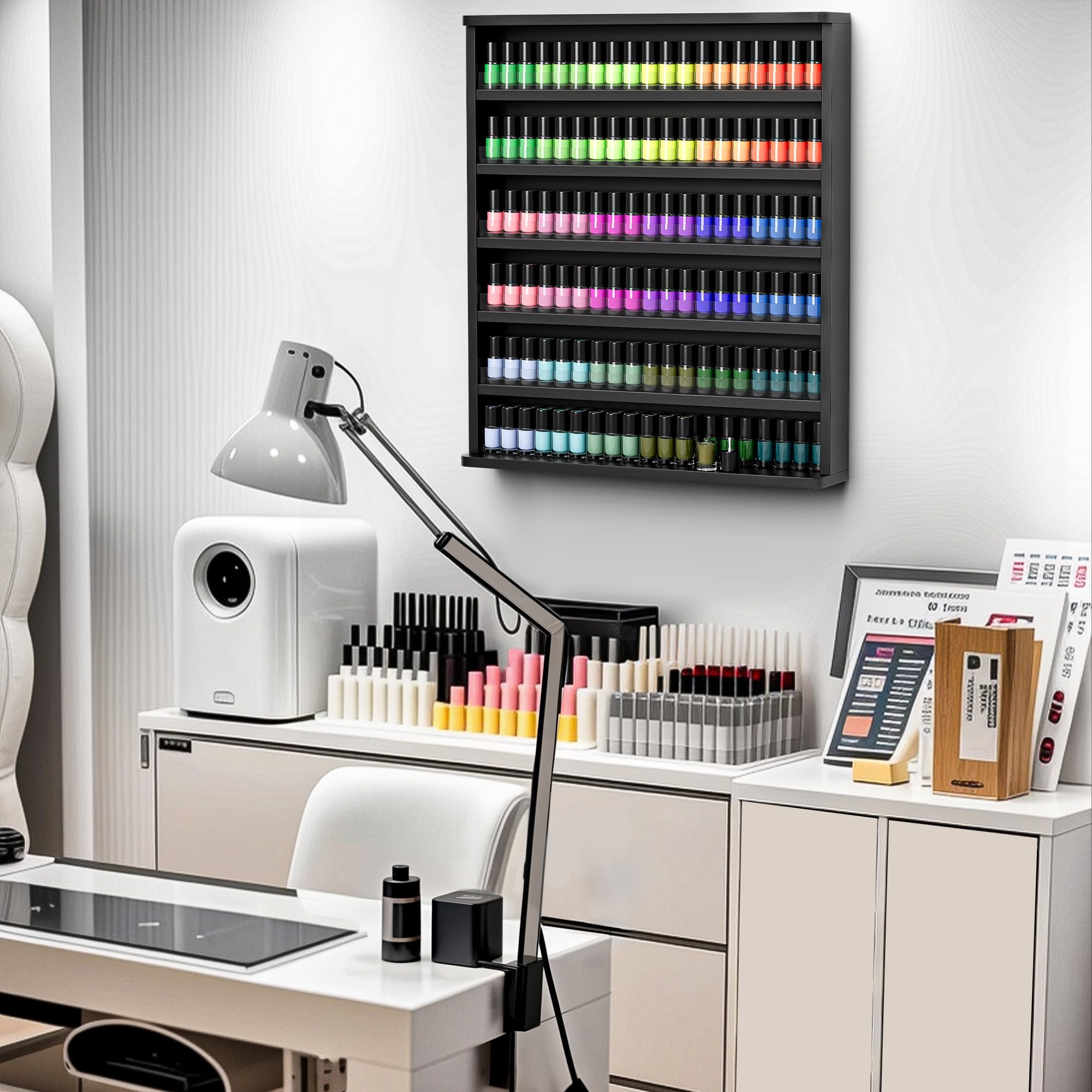 Nagellackregal Wandmontage mit 6 Ebenen, Stabiler Nagellack Organizer aus MDF & Acryl, Wandregal für bis zu 180 Flaschen, Platzsparende Aufbewahrung für Nagelstudio & Zuhause (Schwarz)