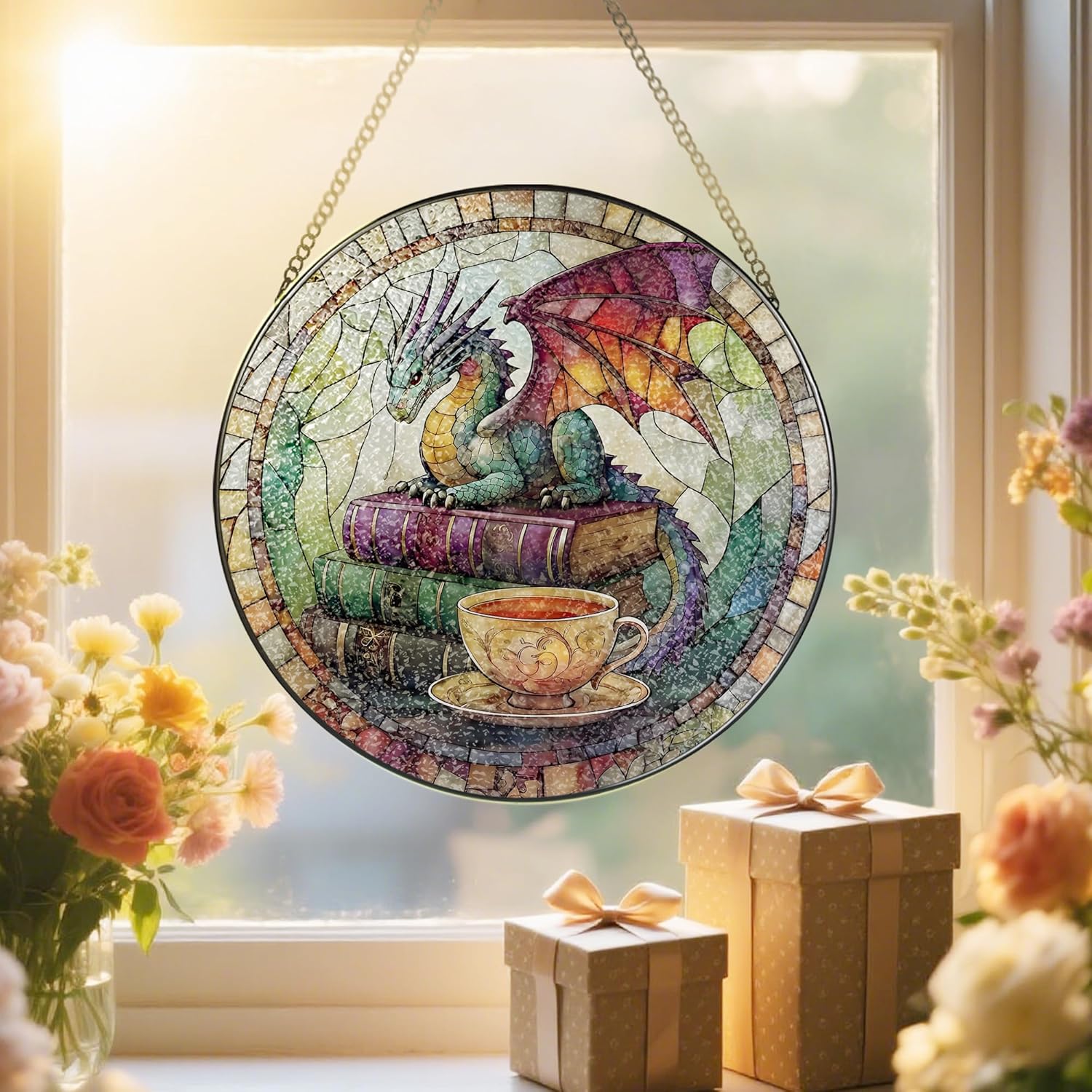 Dragon Stained Glass Window Hanging, 8 Inch Sun Catchers Indoor Window, Suncatchers for Windows Hanging, Home Decor and Christmas, Festival, Birthday, Gifts for Readers, Book Lovers, Women, Men - Image 5