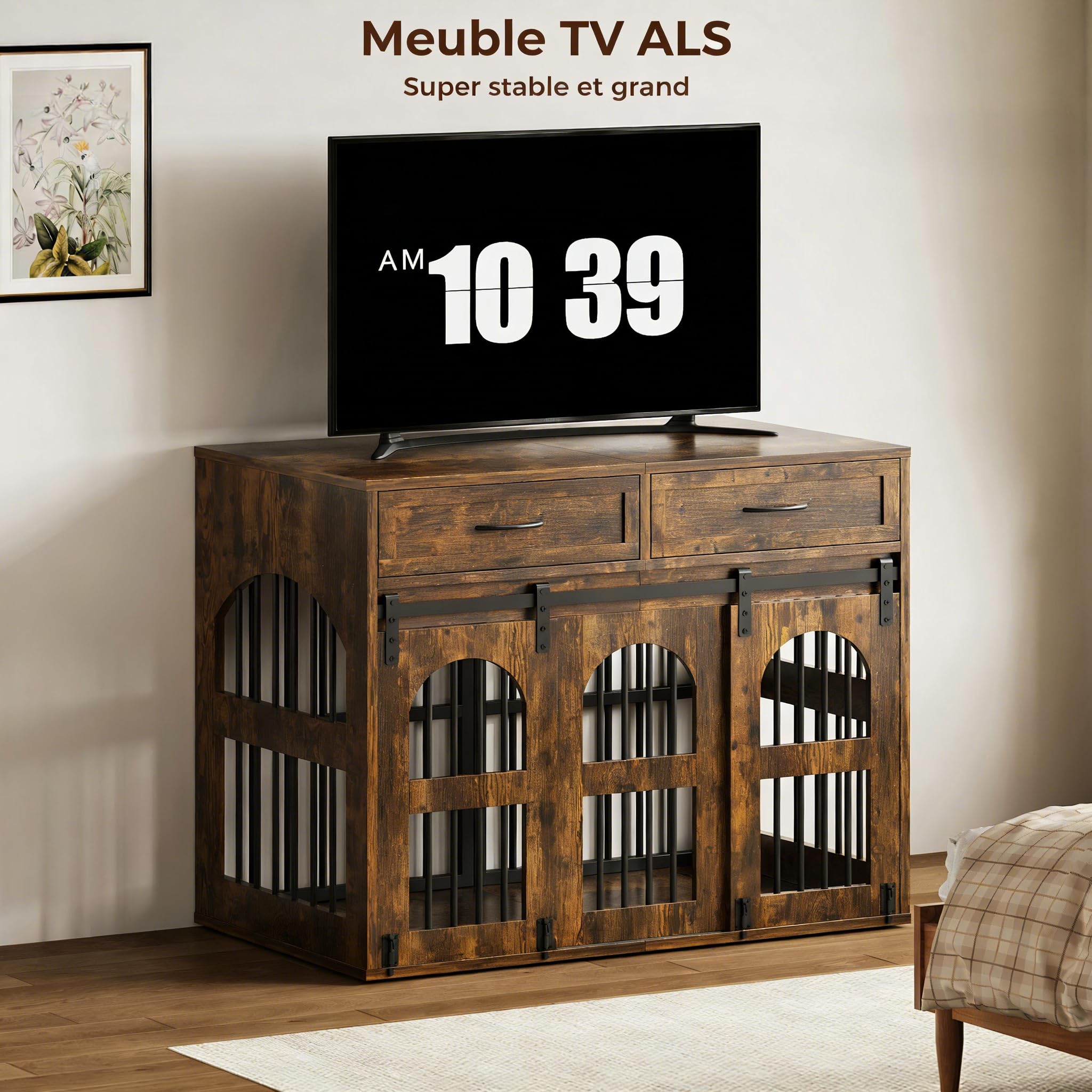 IRONCK Cage pour Chien, Meuble Cage Chien, Coffre en Bois Niche pour Chien Intérieur avec 2 Tiroirs et Cloison, Table d’Appoint 2 Portes pour Chien, 106x68x88cm