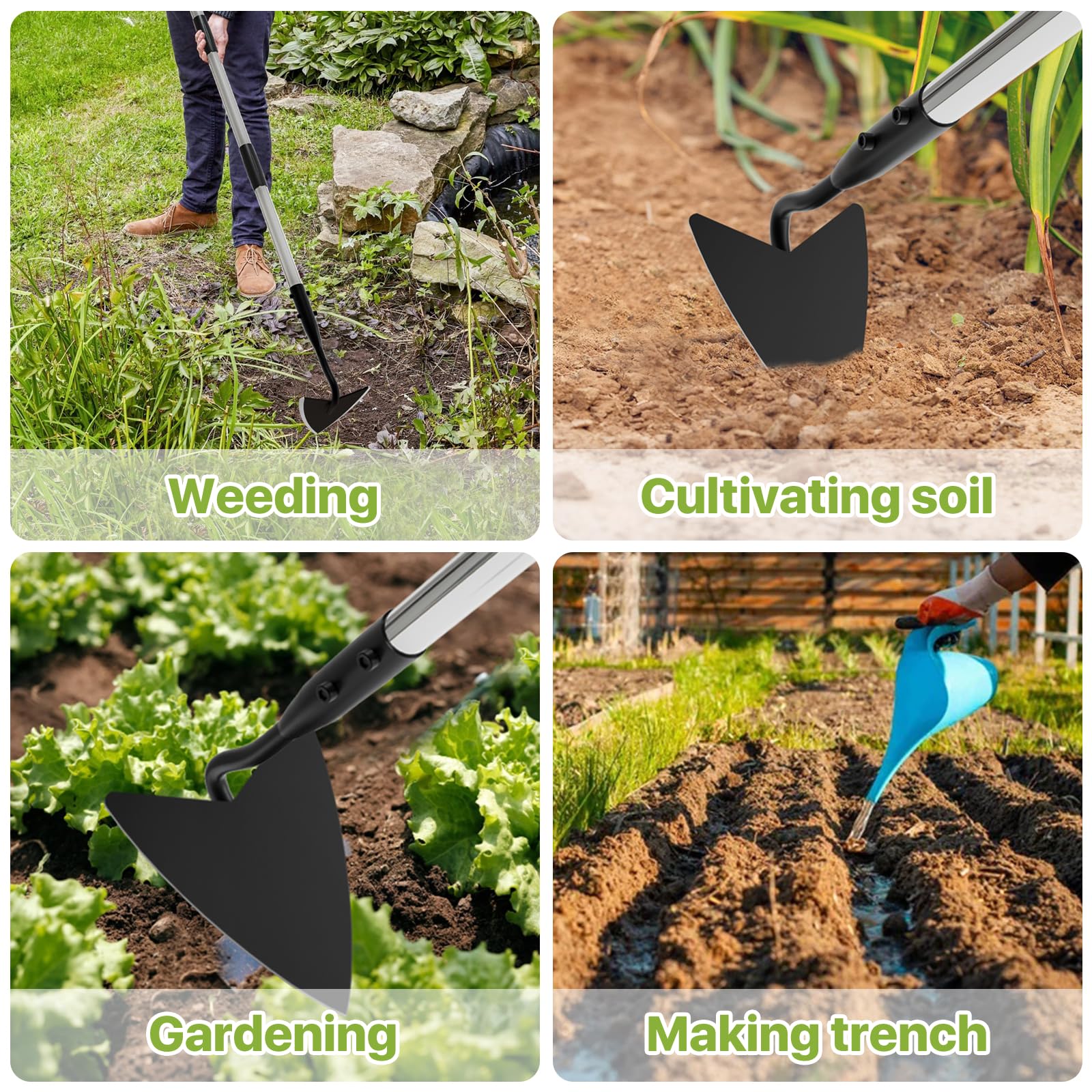Houe de jardin Warren, houe robuste à long manche pour désherber, outil triangulaire facile à utiliser, houe de jardin réglable de 35 à 66 pouces pour désherber, creuser des tranchées, ameublir la t