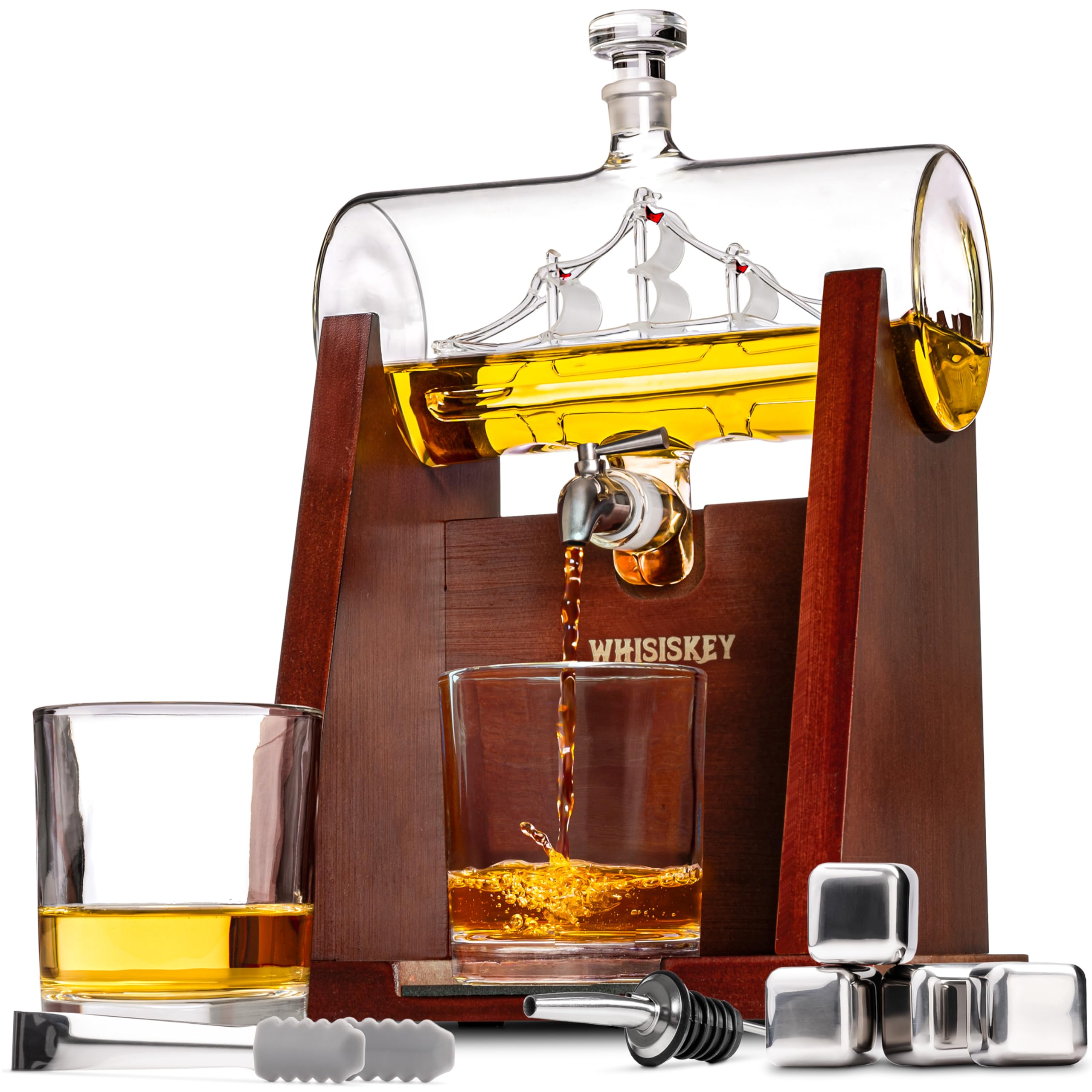 Whiskey Decanter Set - 1100ML Ship Carafe - Whiskey Gift Sets for Men - Whisky Set - Glass Gifts for Men - Inc. 2 Whiskey Glasses, 4 Whiskey Stones, Accessories