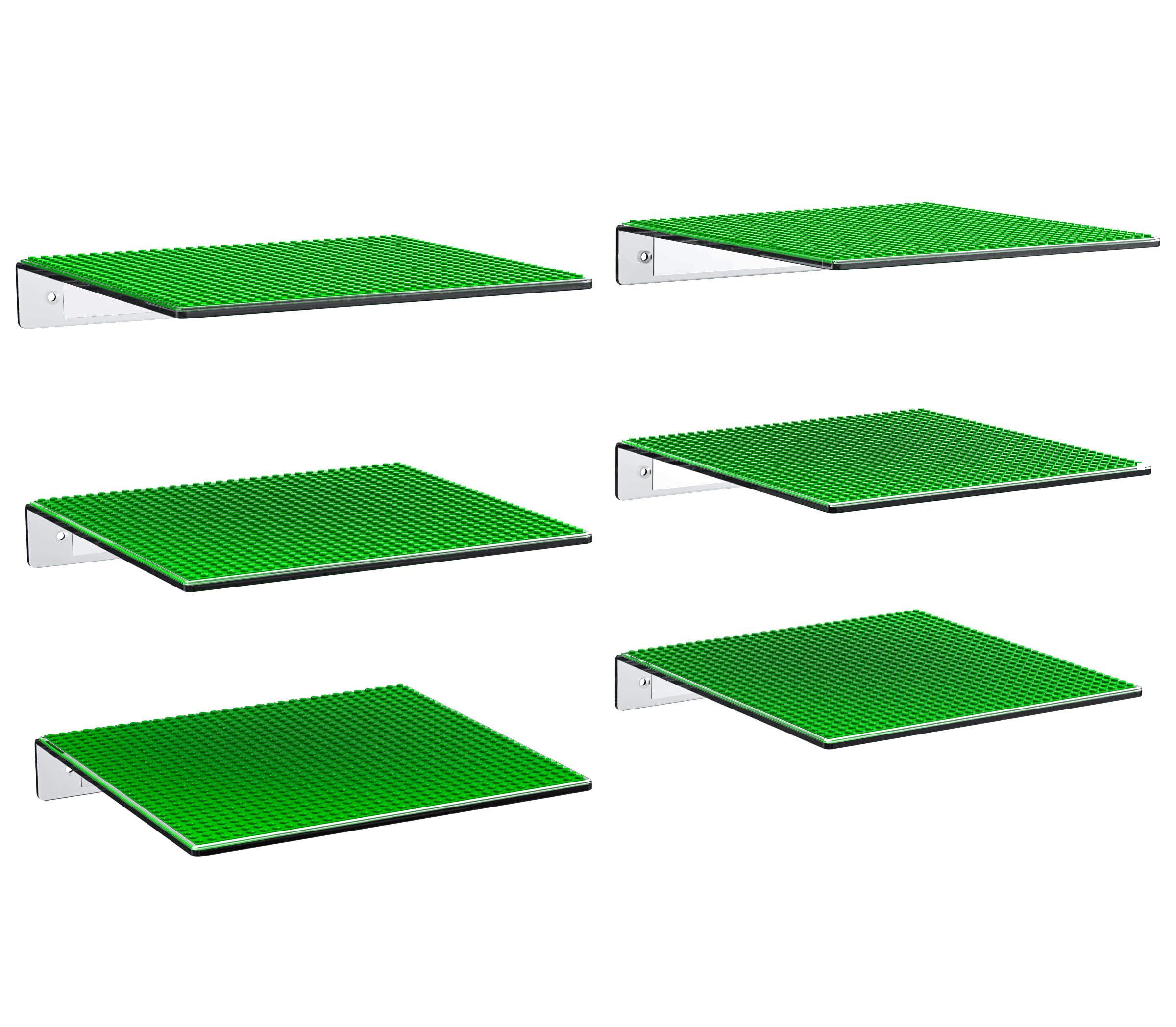 Display Shelves for Building Bricks (6 Pack) Compatible with All Toy Block Brands - Floating Wall Mounted Shelf with 10 Inch Removable Baseplate (Clear Acrylic)