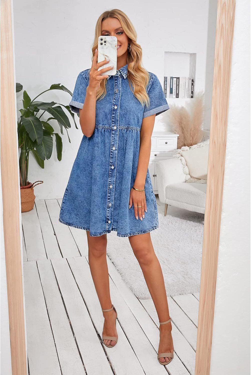 GRAPENT Denim Dress for Women Babydoll Tiered Short Sleeve Button Down Jean Shirt Dresses - Image 2