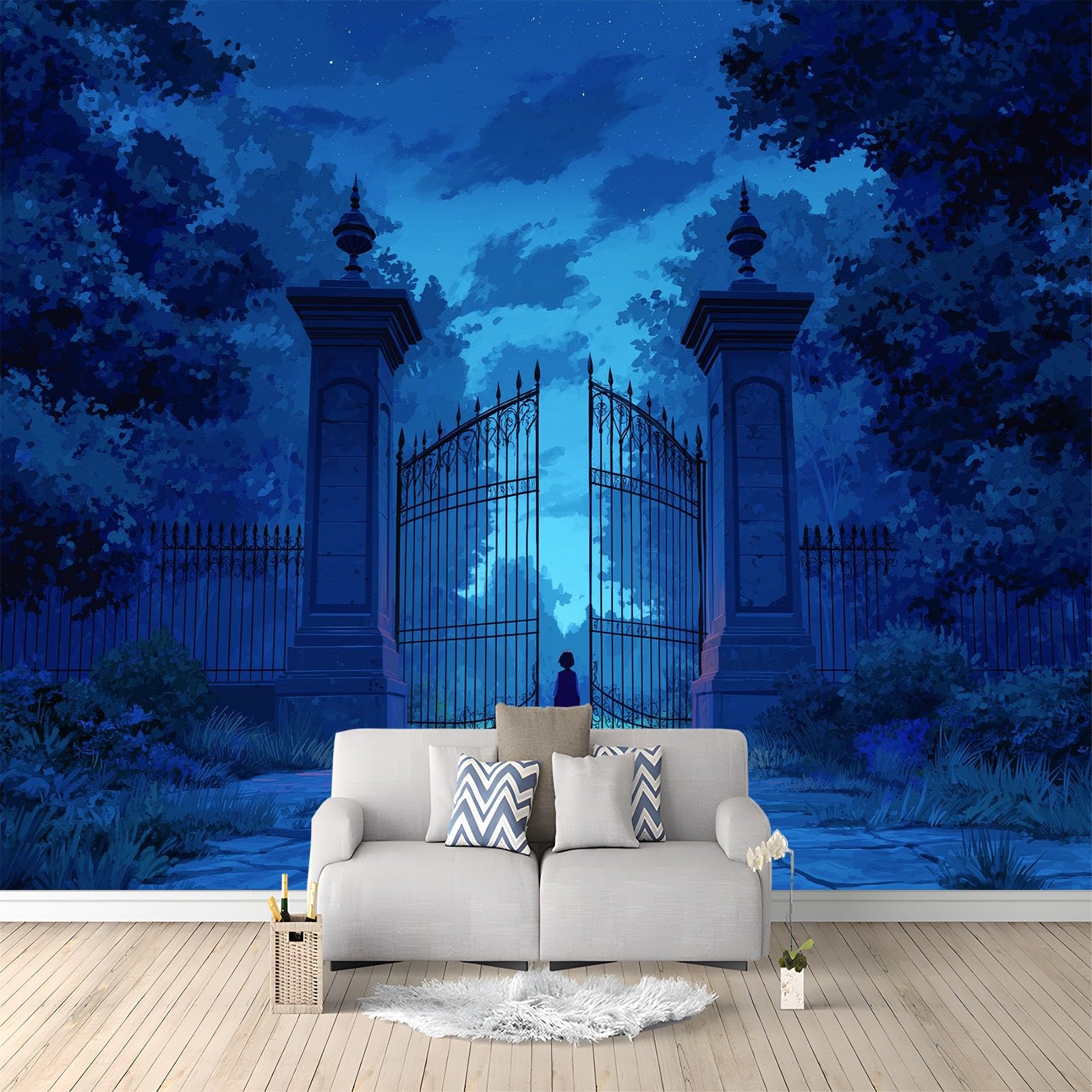 Générique Panoramiczna tapeta animacja las magia filar drzwi 200 x 140 cm wysokiej jakości gobelin ścienny z włókniny - dekoracja ścienna, do pokoju dziecięcego i biura niebieska