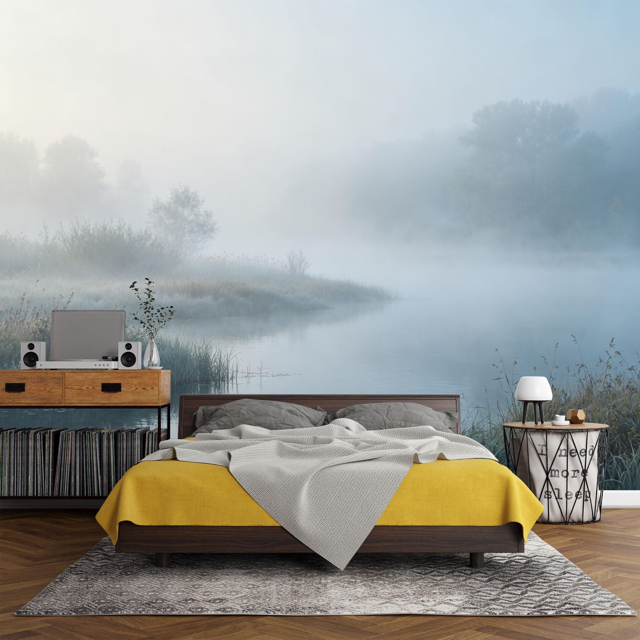Custom Size Wall Mural， Misty Lake Morning Landscape Foggy River Forest Tranquil Scenery，SelfAdhesive Art Prints wall Fabric (No PVC) Removable Wallpaper Living Room Decor