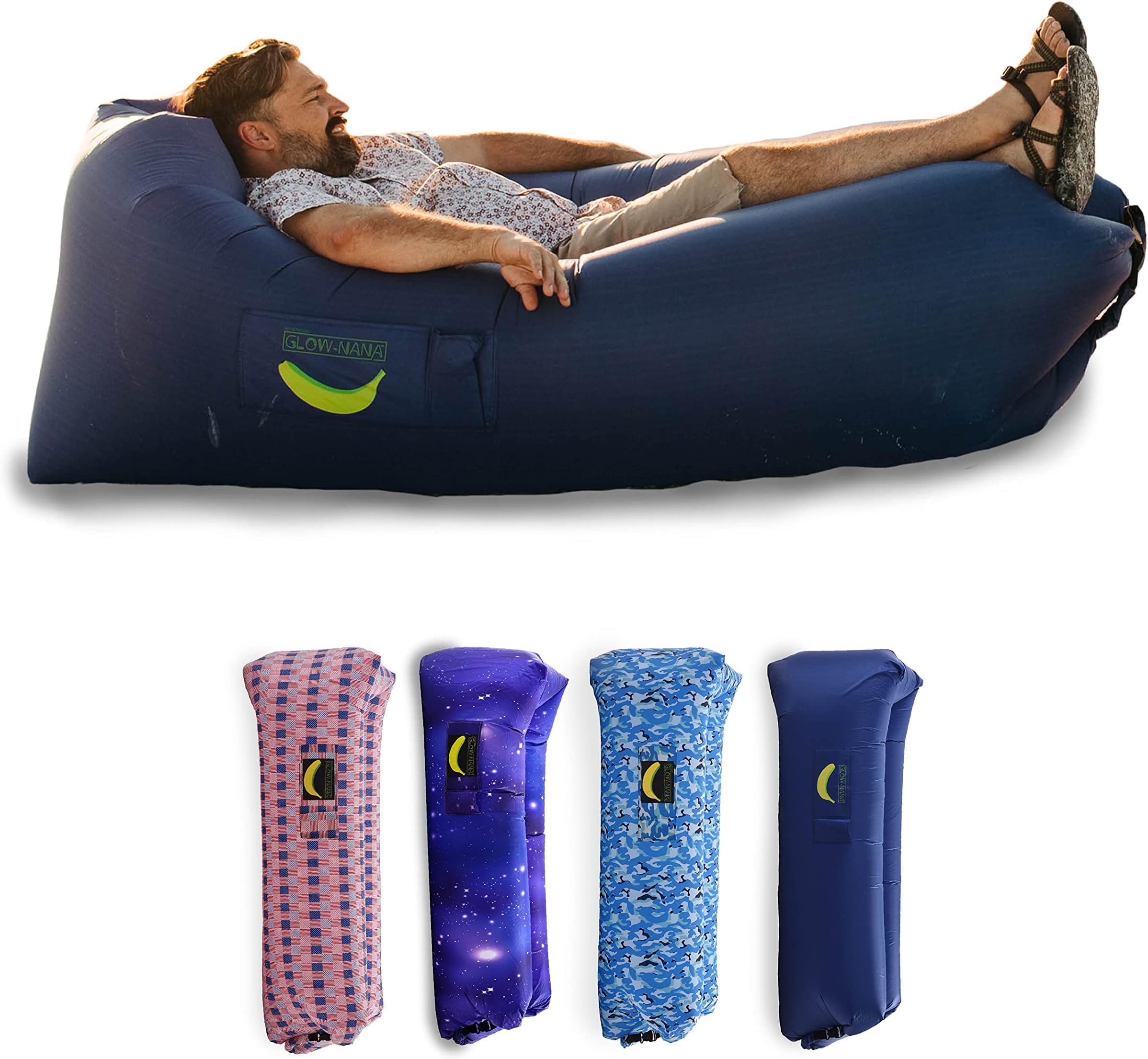 Rukket Sports Glow-Nana Inflatable Lounger, Blow Up & Light Up Air Chair & Couch for Lounging, Camping, Beach, & Festival, Sofa Hammock for Adults & Kids, LED Portable Wind Furniture Loungers