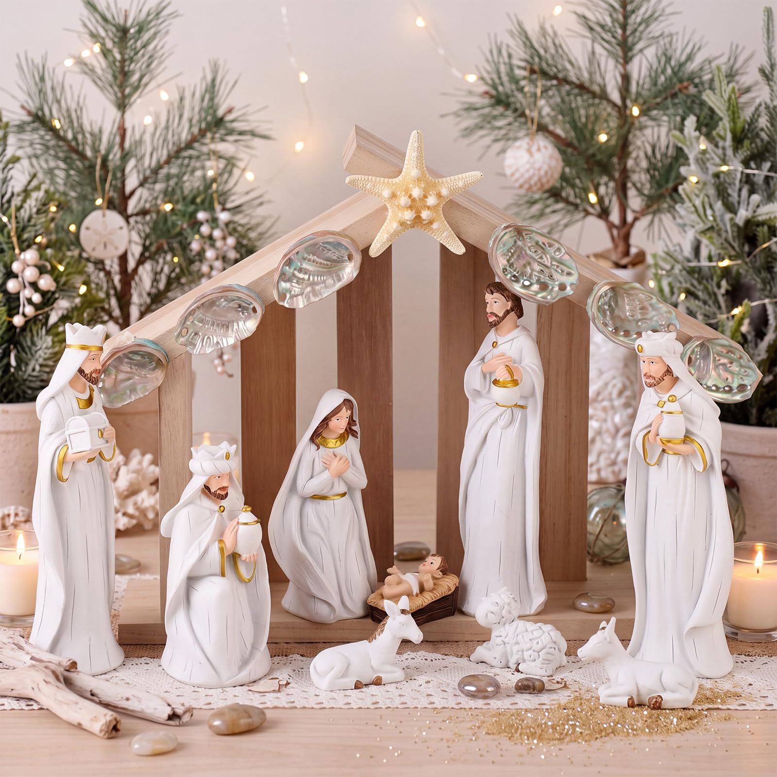 Wesiti Presepe di Natale in legno con stella marina centrotavola per tavoli all'interno scala sacra famiglia stabile in legno asilo nido decorazione scrivania casa 15,2 x 12,7 cm