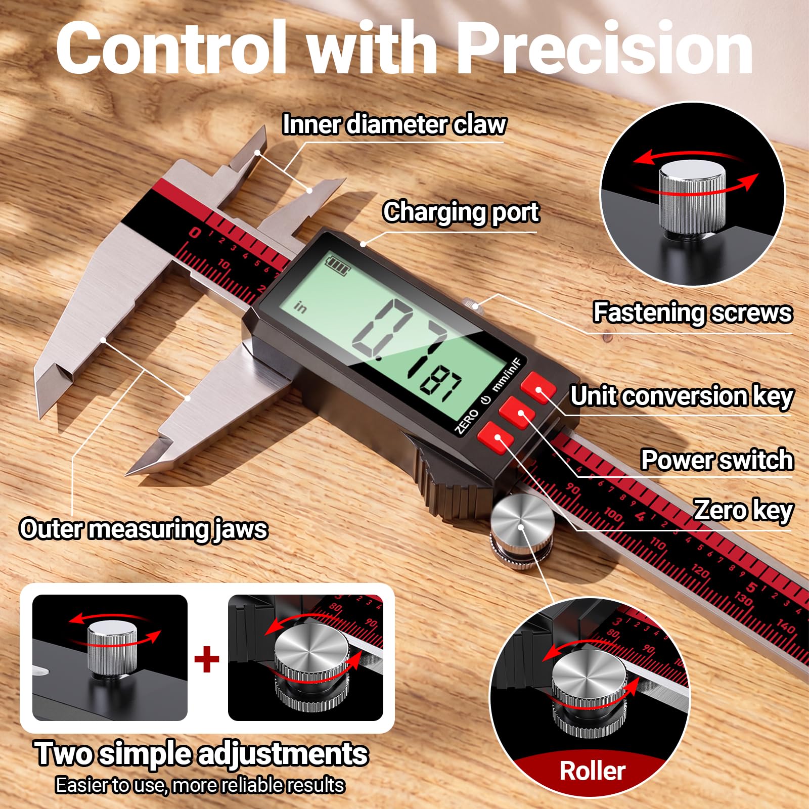 Calibrador digital de 8 pulgadas, calibradores recargables con pantalla LCD, pulgadas/mm/fracción, herramienta de medición de calibrador Vernier de acero inoxidable para bricolaje, hogar