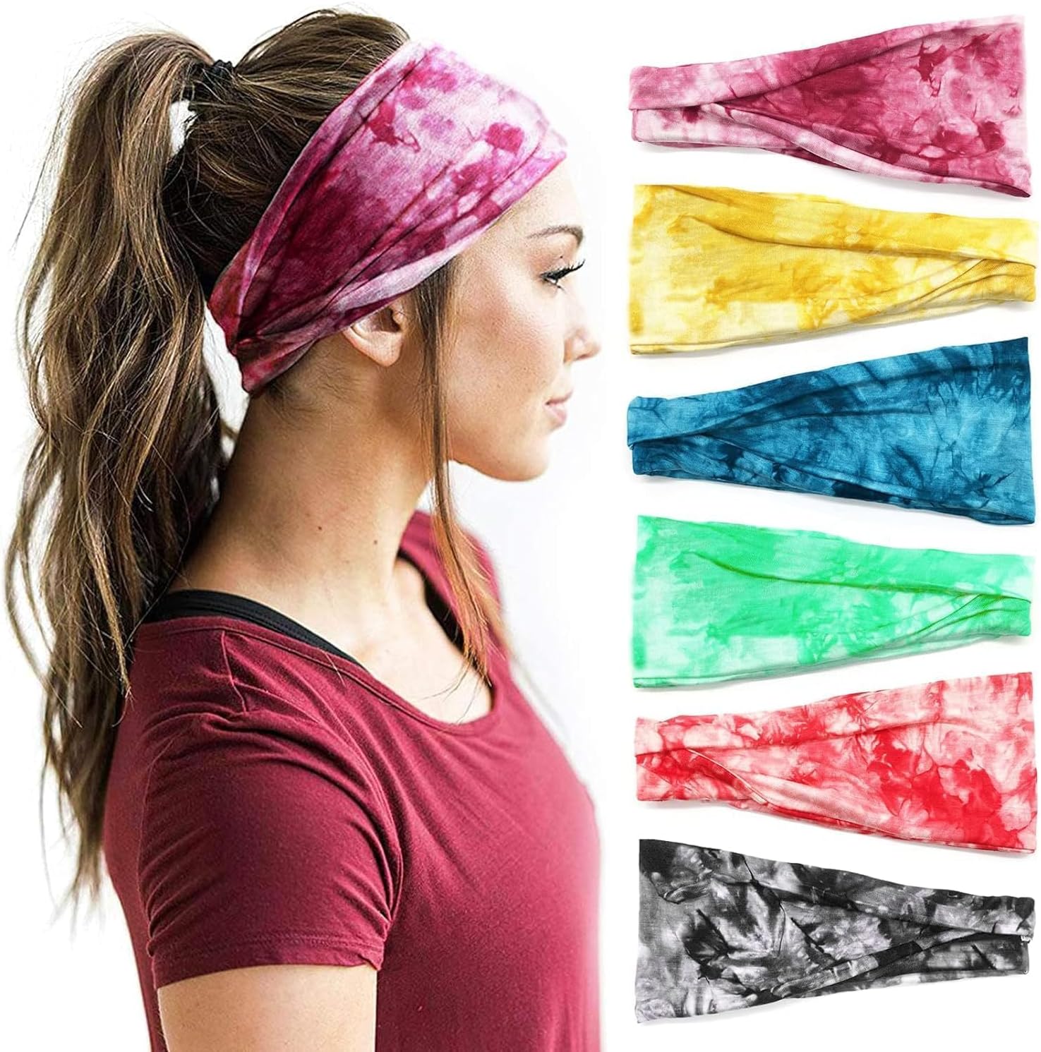 Aputue Boho Headbands For Women, 6pcs Fashion Wide Headband Yoga Workout Head Bands Hair Accessories Elastic Tie Dye Band, Thick Hairbands Sport Yoga Turban Headband Hair Accessories