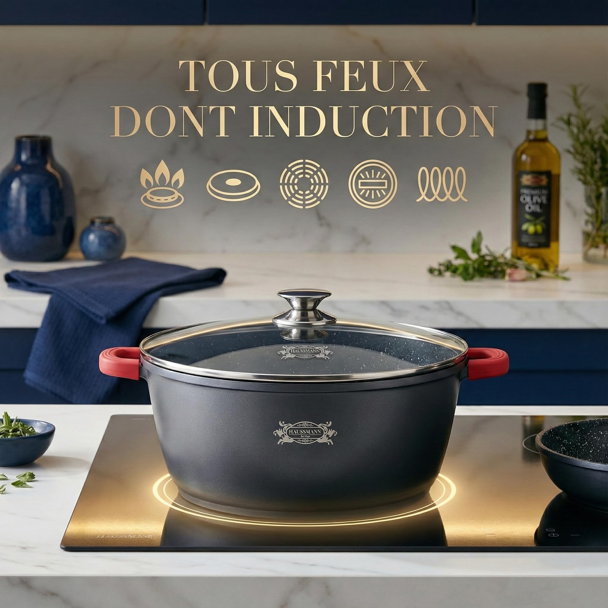 HAUSSMANN Heritage Batterie de Cuisine 22 Pièces en Fonte d'Aluminium-Revêtement Antiadhésif Façon Pierre - Manches Amovibles (Gain de Place) - Tous Feux dont Induction - Sans PFOA