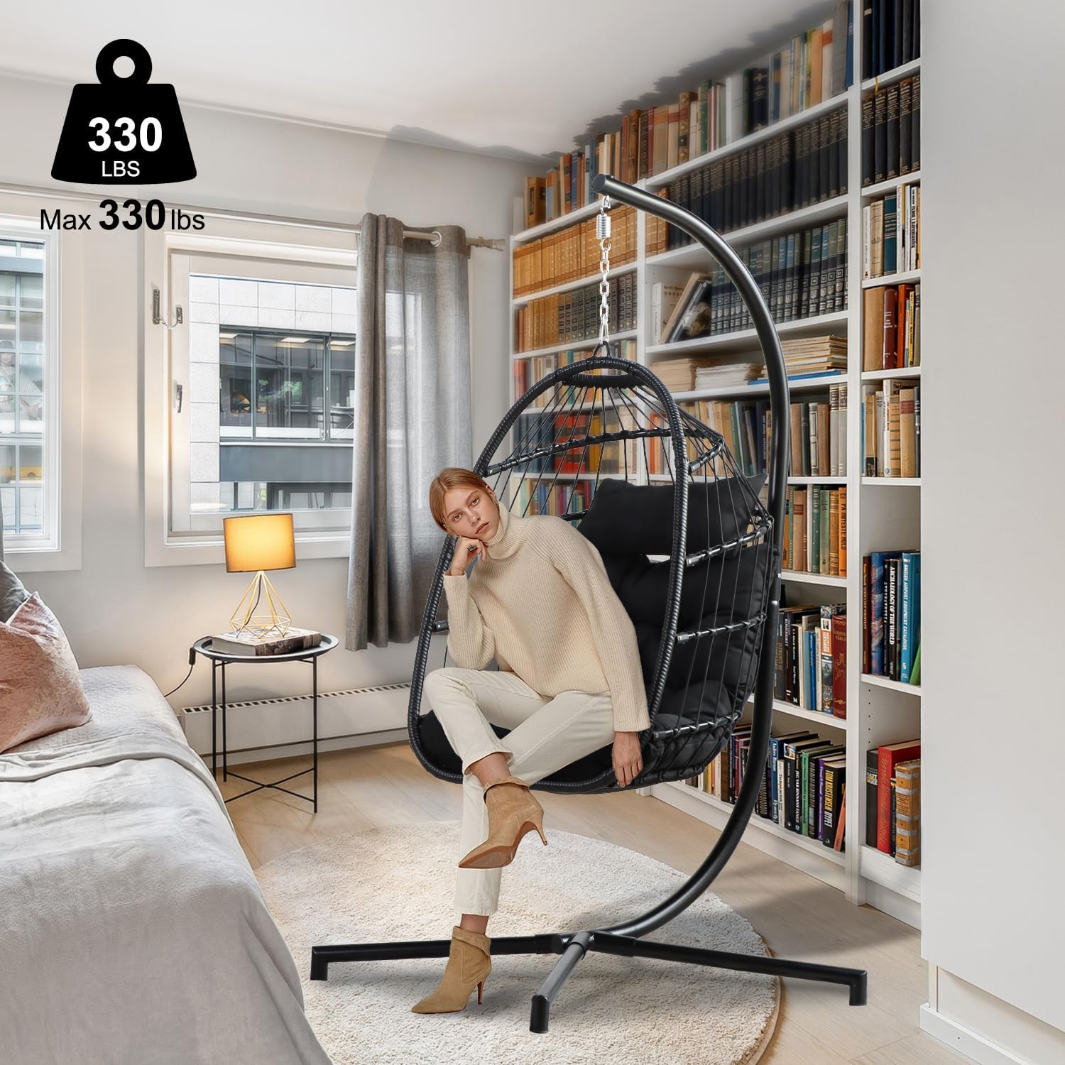 Egg Chair with Stand, Wicker Hammock Chair for Patio, All-Weather Foldable Hanging Chair Includes Cushion & Rope Back, for Indoor & Outdoor Use Black