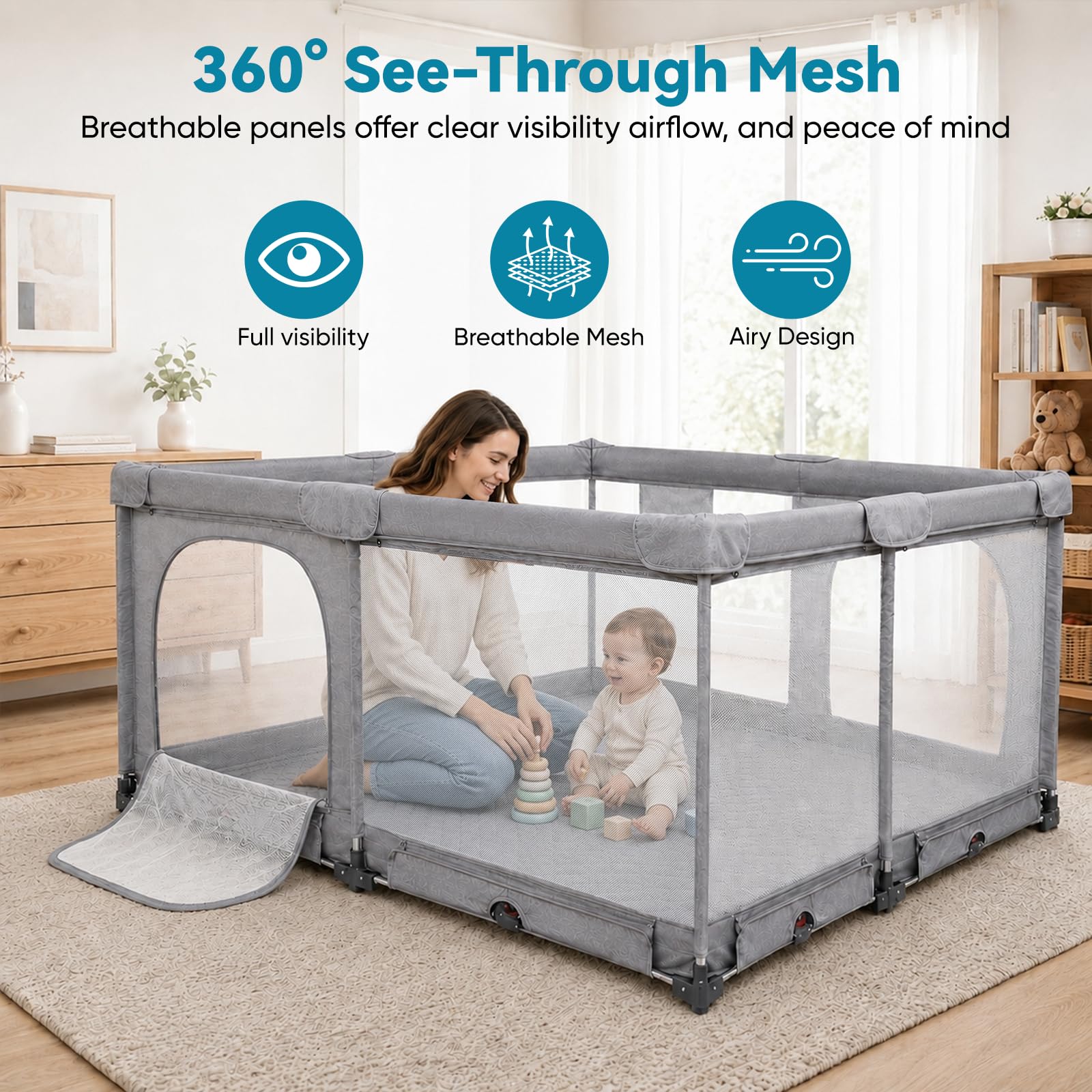 Box Pieghevole per Bambini 180 x 150 cm con Rete Traspirante | 2 Ingressi Laterali, Bordi Morbidi, Interno ed Esterno, Senza Montaggio, Anelli per Trazioni