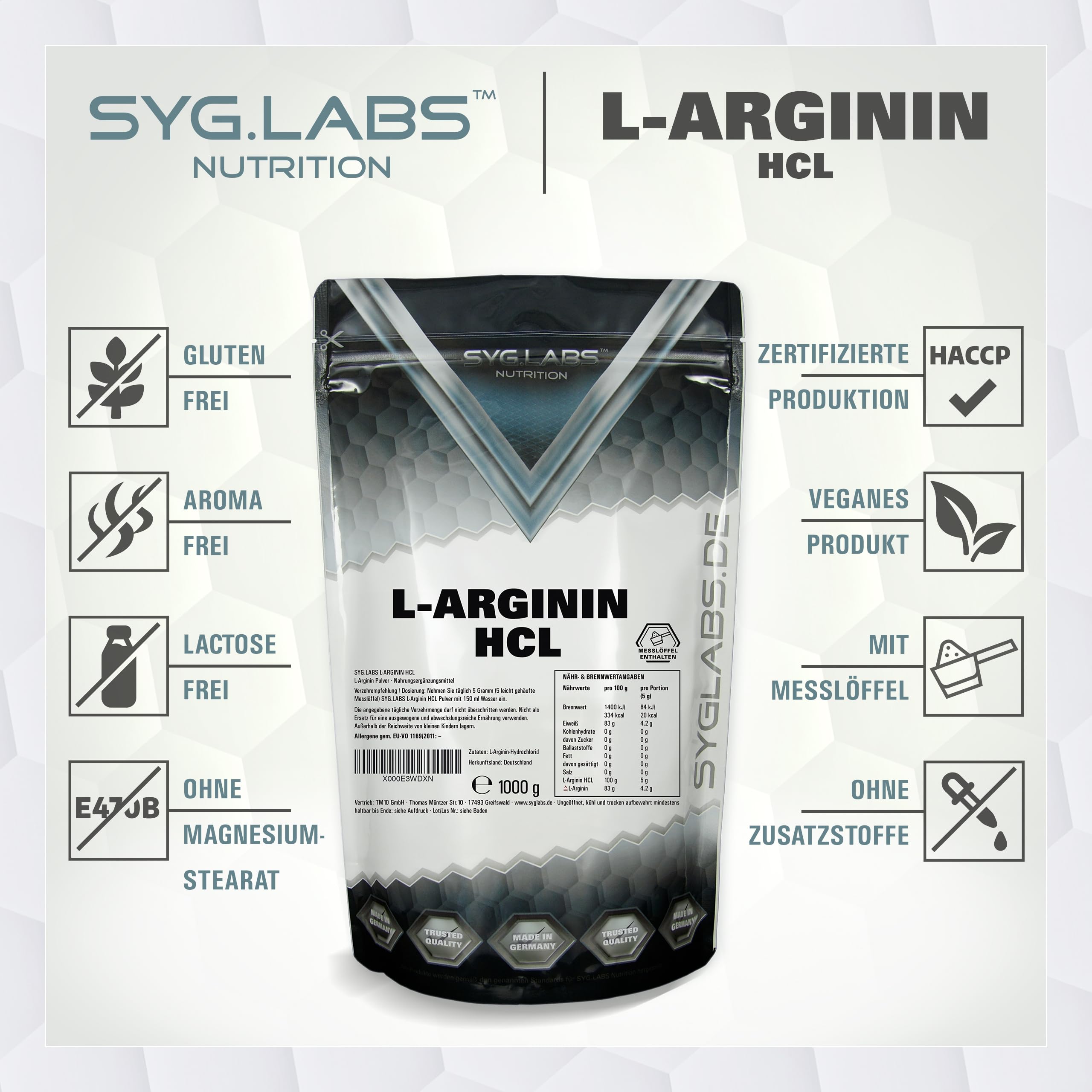 L-Arginin HCL - 1000g Pulver Premium L-Arginin Hydrochlorid - durch Fermentation - ohne Zusätze - vegan - Arginin