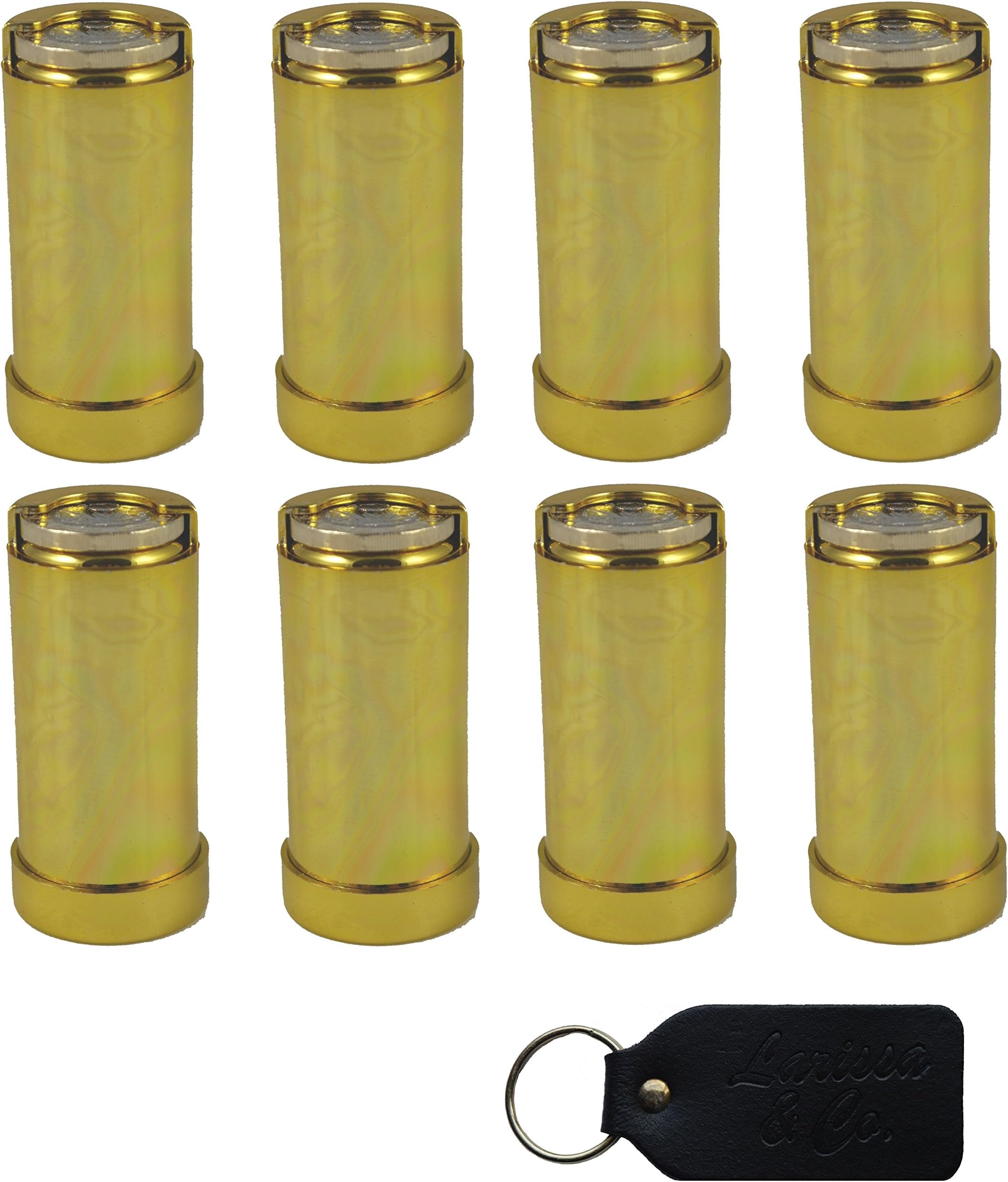 8 (Eight) x One Pound £1 Coin Holder Gadget Holds Up to 15 Coins Gold Coloured and Real Leather Larissa & Co Keyring