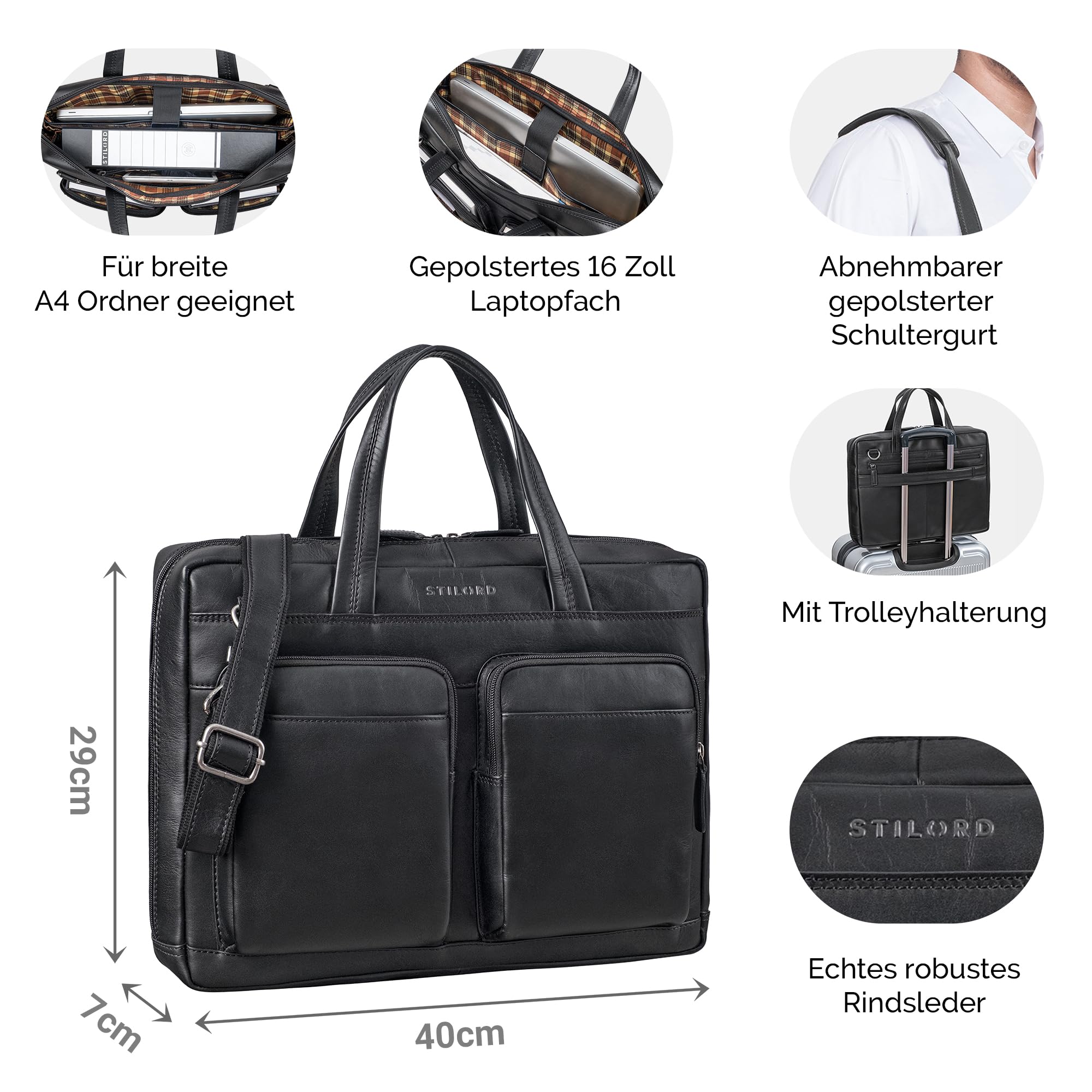 STILORD Erwin Große Laptoptasche Leder Aktentasche 15.6-16 Zoll Notebooktasche Businesstasche Bürotasche Arbeitstasche Echtleder mit Laptopfach Herren Damen Farbe:schwarz