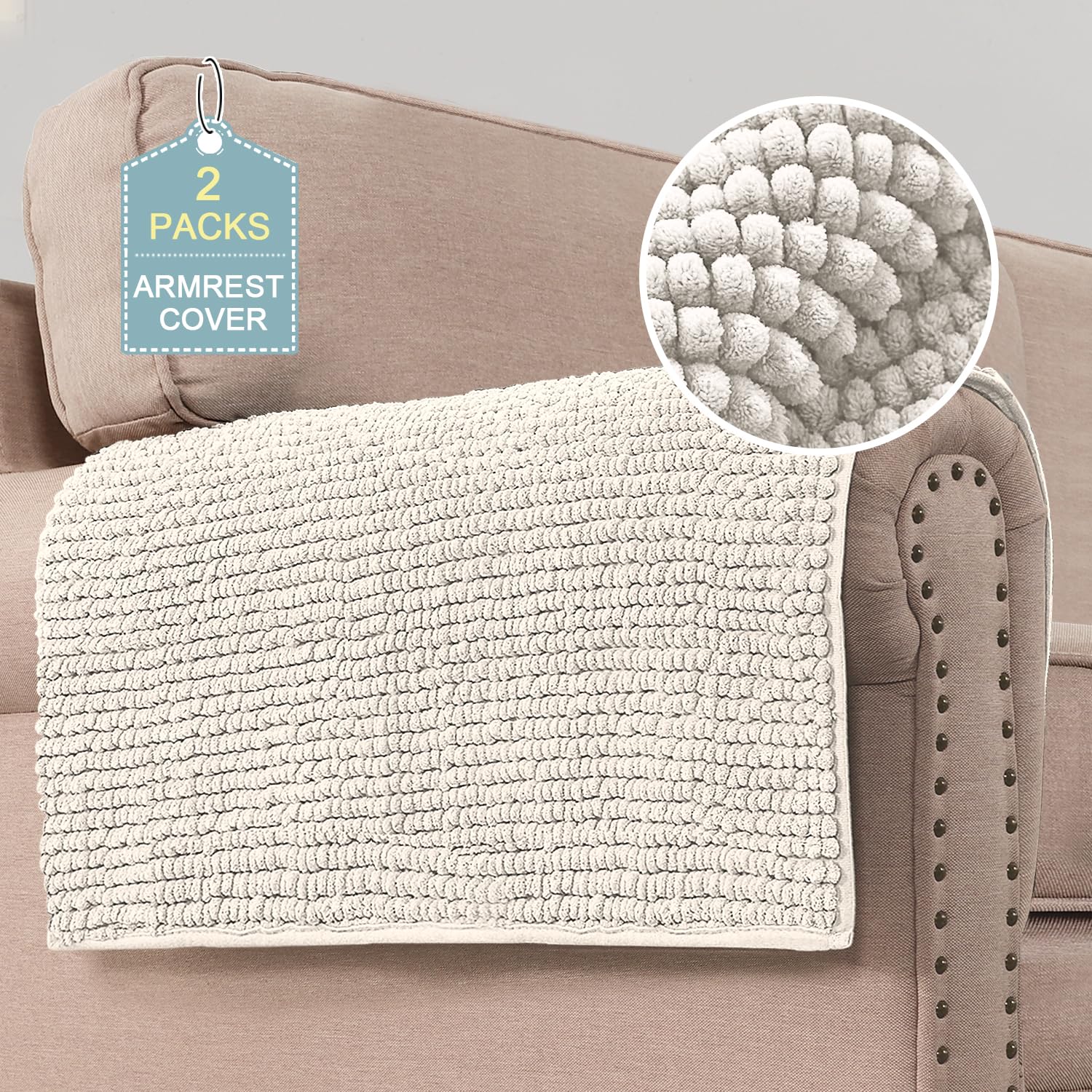 H.VERSAILTEX Plush Chenille Couch Armrest Cover 2 Packs Thick and Soft Sofa Covers Water Resistant Furniture Protector Cover for Pets (27.5" x 27.5", Ivory)