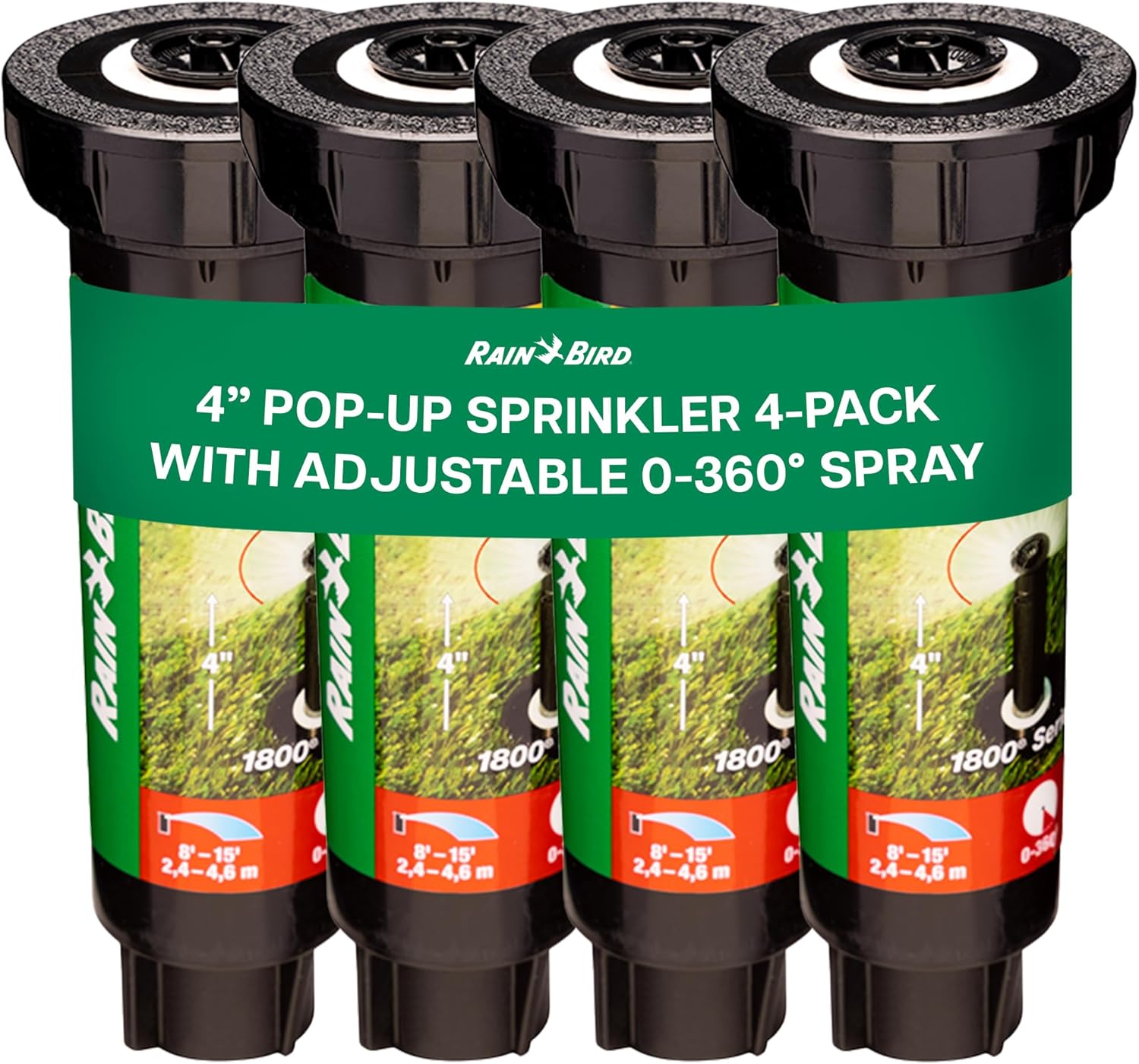 Rain Bird 1804VAN 1800 Series 4" Pop-Up Sprinkler Heads, 4-Pack | Adjustable 0-360° Arc, 15ft Spray for Lawns & Gardens