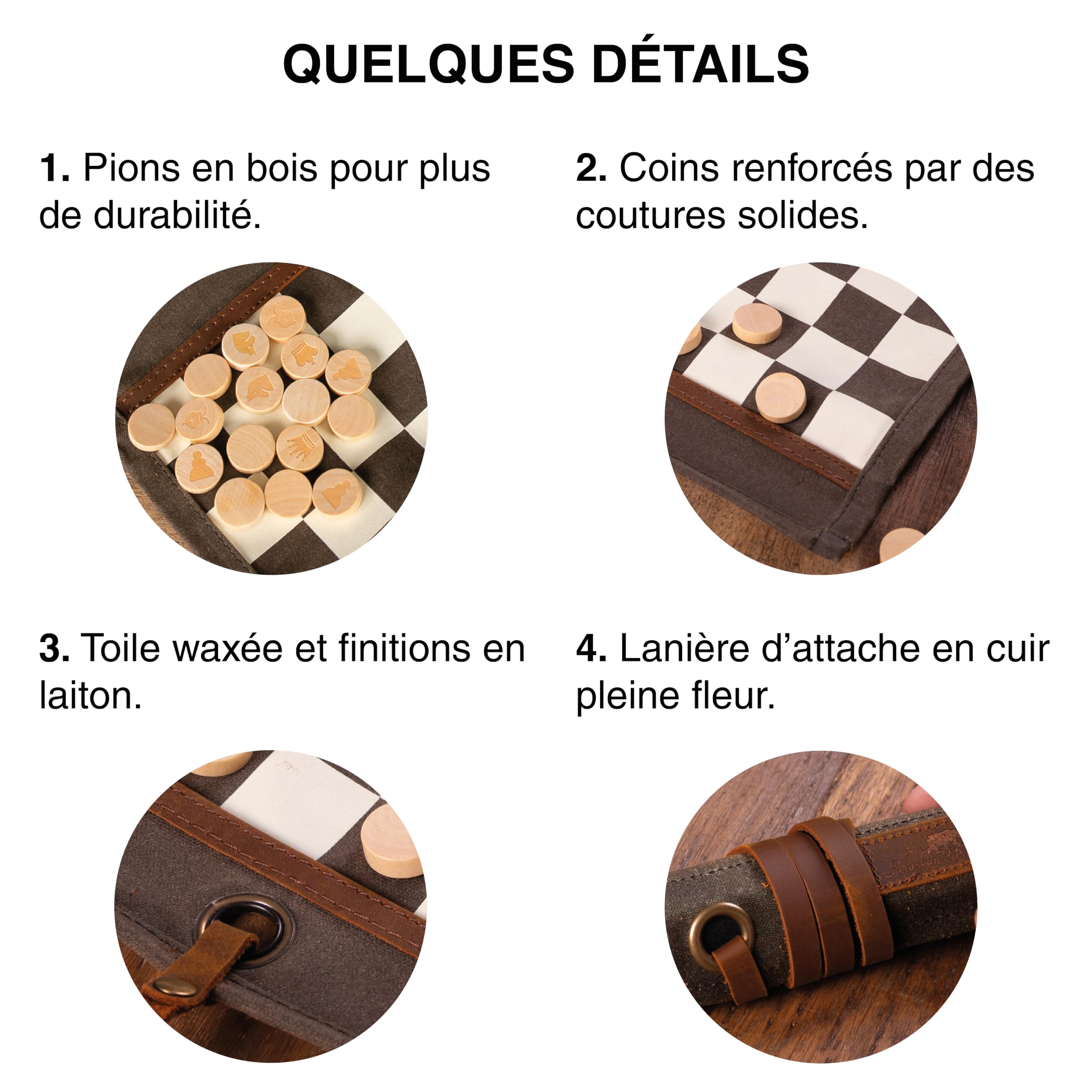Alaskan MAKER - Jeu d'Échecs & Dames 2 en 1 - Tapis en Toile Waxée Enroulable - Pions en Bois - Lanière en Cuir Pleine Fleur - Idéal pour Voyager & Jouer Partout (Kaki)