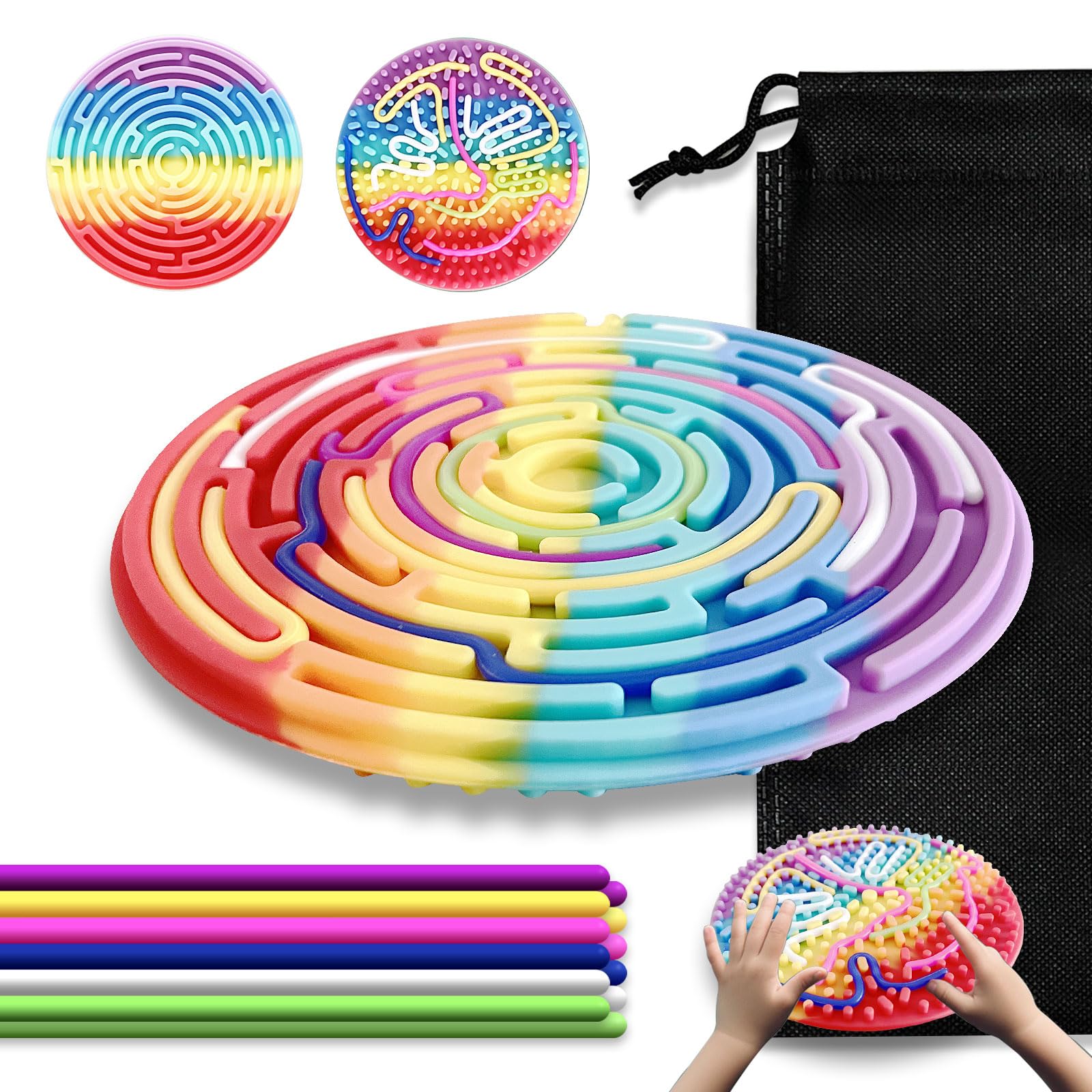 Sensory Activity Board - Double-Sided Silicone Fidget Toy for Kids & Adults. Silent, No Mess, and Calming for Anxiety, ADHD & Autism. Travel Bag and 12 Strings. Suitable for Ages 3+(Rainbow)