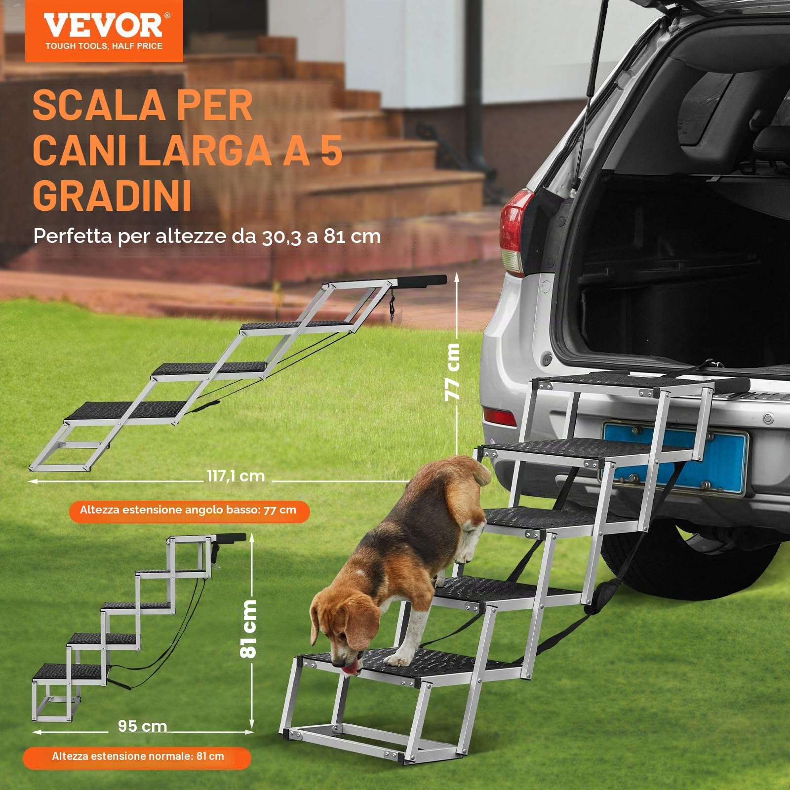 VEVOR Scala Gradini Larghi per Auto per Cani 5 Gradini, Rampa Pieghevole con Superficie Antiscivolo, Animali Domestici Gradini Portatili in Alluminio Leggero per SUV e Camion, Supporta Fino a 68 KG
