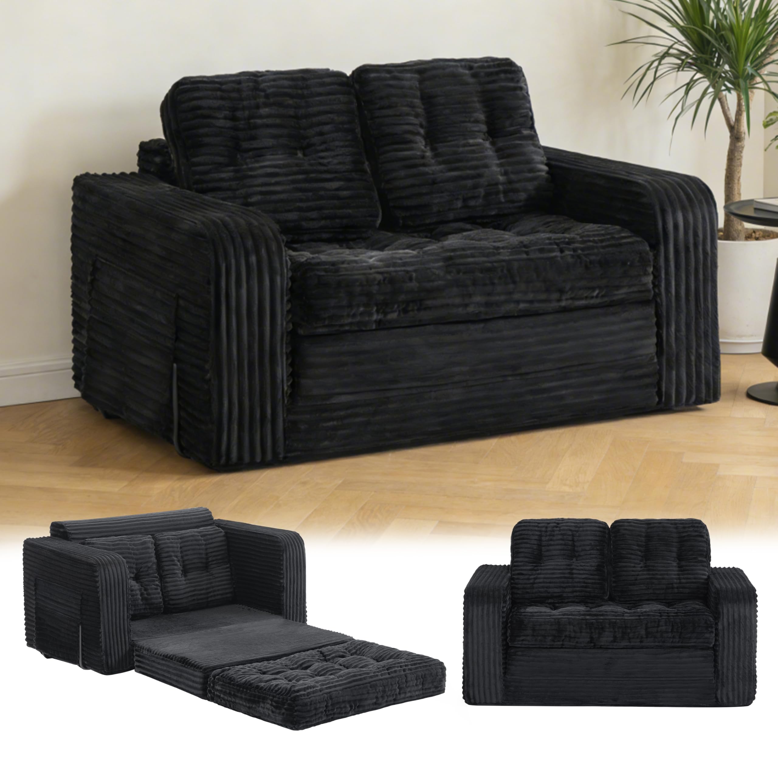 Faltbares Schlafsofa, Tragbarer Stuhl-Bett-Komfortable Bodensofa, Umwandelbarer Schlafsessel mit Kissen, Cord-Stoffbezug Sessel Schlafcouch, für Wohnzimmer und Schlafzimmer (2 Sitzer Sofa, Schwarz )