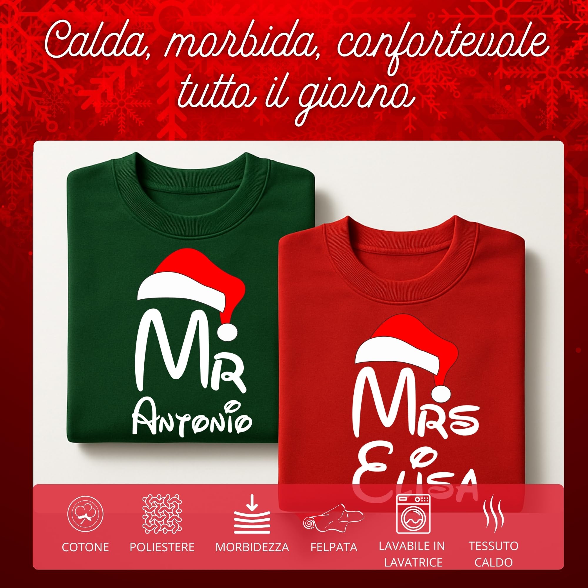 fashwork - Coppia Felpe Personalizzate Natalizie con Nome, Felpa Uomo e Donna Girocollo Rossa e Verde, Felpe Merry Christmas Idee per Regali Natale Originali