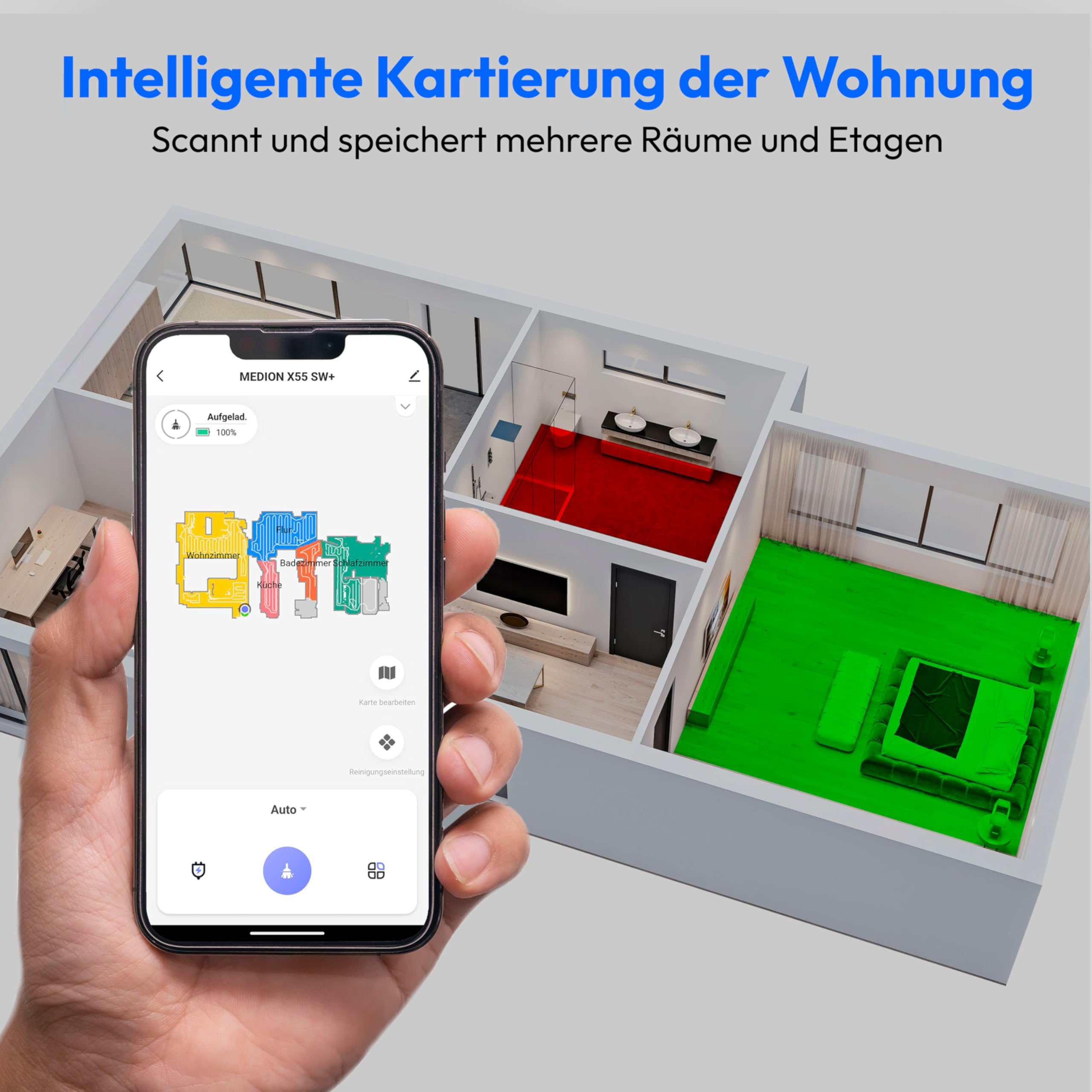 MEDION Saugroboter mit 3-in-1 Absaugstation, Lasernavigation und Wischfunktion X55 SW+ (Starke 10000Pa Saugkraft, 2in1 Roboterstaubsauger, rotierende Wischmopps, Kreuzlinienlaser)
