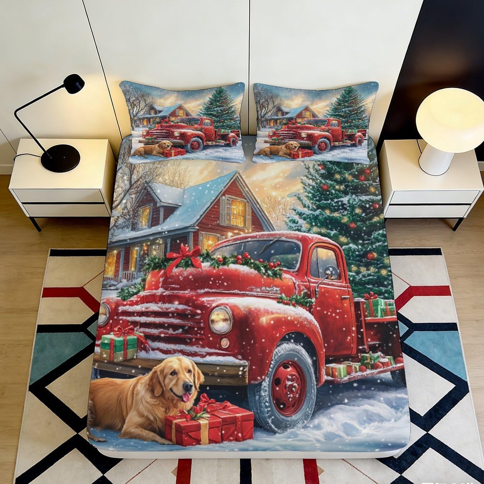 3D Printed Christmas Red Truck Fitted Sheet Microfiber Soft Dog Cabin Bed Cover for Bedroom Guestroom Easy Care 90x200x25cm