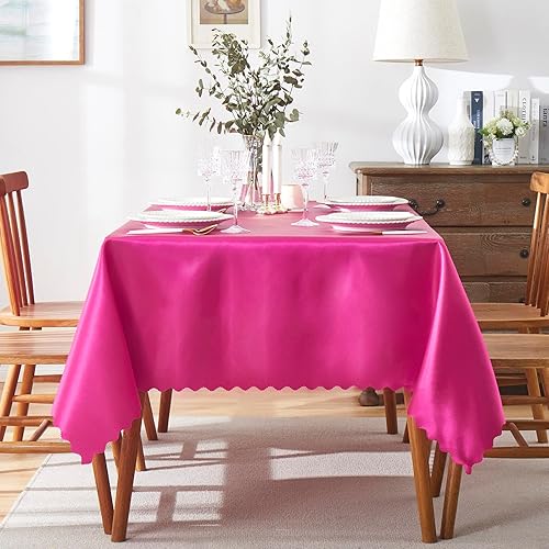 Miniatura 2 de P Pothuiny Paquete de 2 manteles rectangulares de satén color rosa intenso de 60 x 84 pulgadas, manteles de satén superpuestos de tela suave