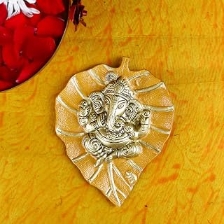 SATVIK 1 Pc Yellow Lord Ganesh Leaf Patta Ganpati Idol Wall Hanging Decor Statue Hindu Good Luck Ganesha Face Sculpture Figurine Vastu Diwali Pooja Indian Housewarming Return Gift Items