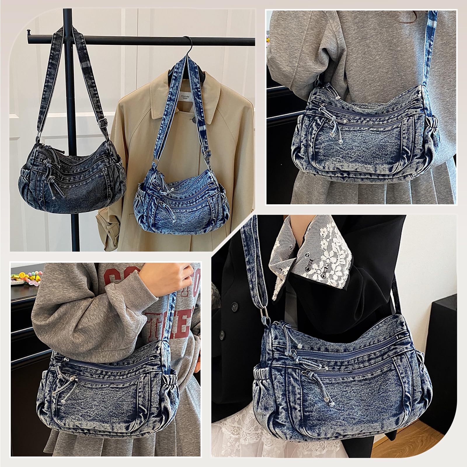 Borsa a Tracolla in Denim da Donna Borsa a Spalla in Jeans Retro Borsa a Mano Grande Capacità Borsa per la Spesa Leggero Borse Messenger Casuale Lavoro Shopping Viaggi Tote Blu