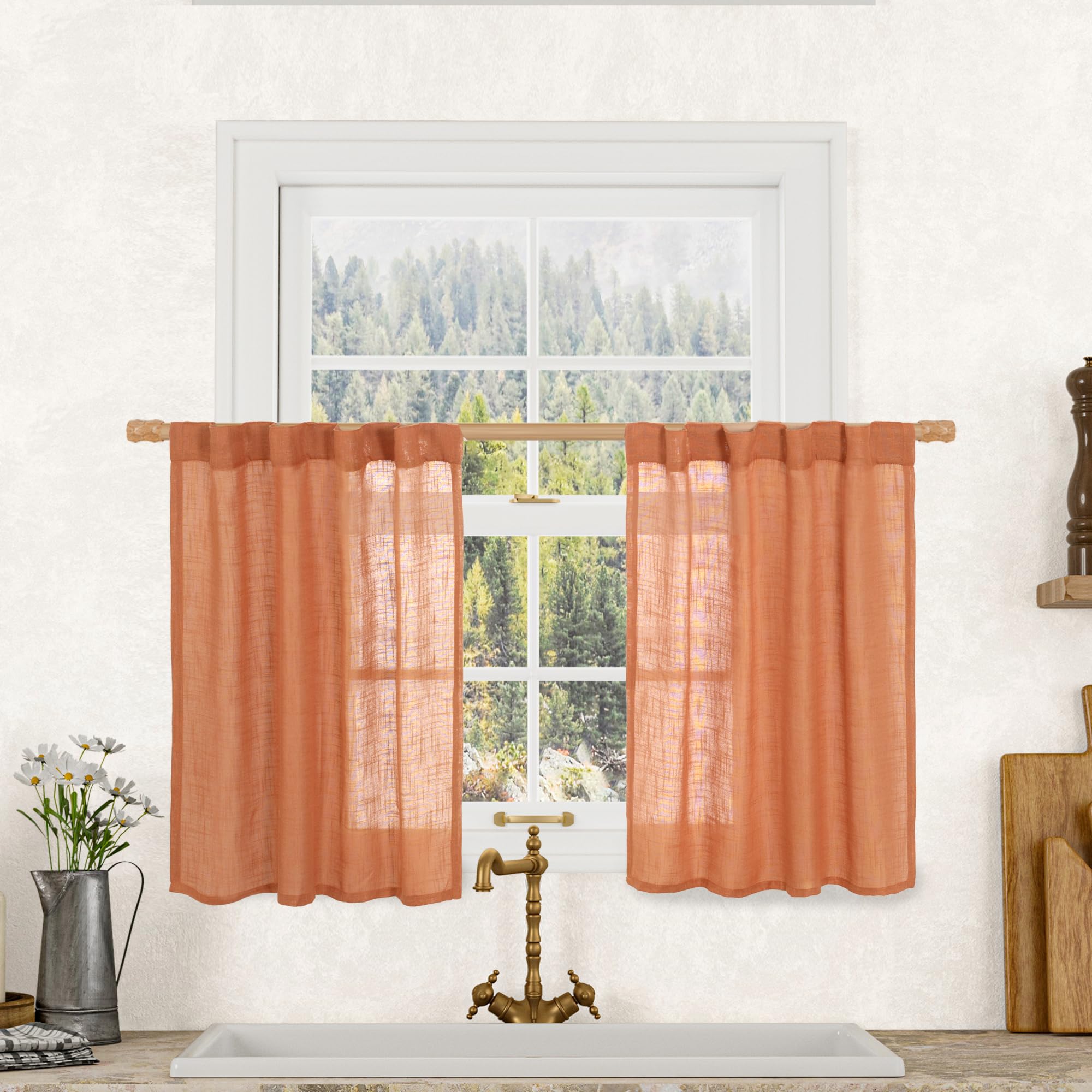 LAMIT 36 Inch Length Linen Curtains for Small Windows, Semi Sheer Light Filtering Panels Back Tab and Rod Pocket Country Decor Drapes for Basement/Kitchen, Burnt Orange, 2 Panels, 34 x 36 Inch