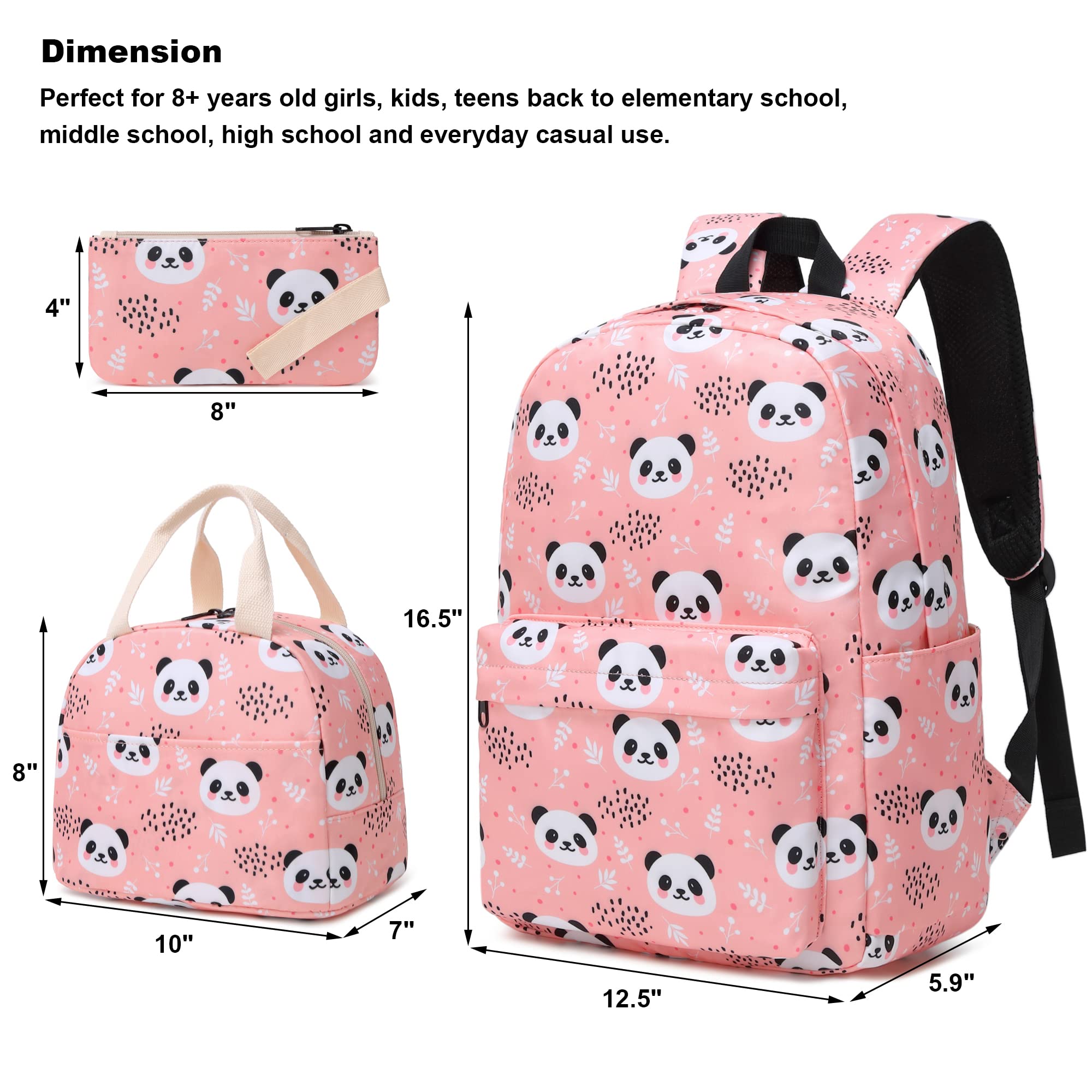 Kouxunt Panda Girls School Backpacks for Kids Teens, 3-in-1 School Bag Bookbags Set with Lunch Bag Pencil Case (Pink)