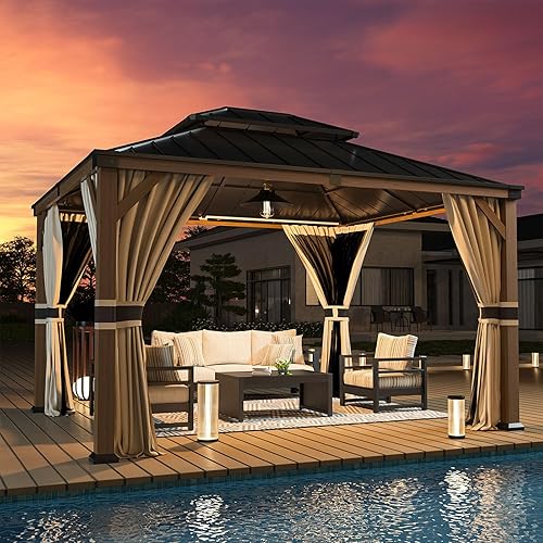 Miniatura 9 de UDPATIO Gazebo de techo rígido de 10 x 12 pies, marco de aluminio con acabado de grano de madera, cenador para exteriores con doble techo de acero