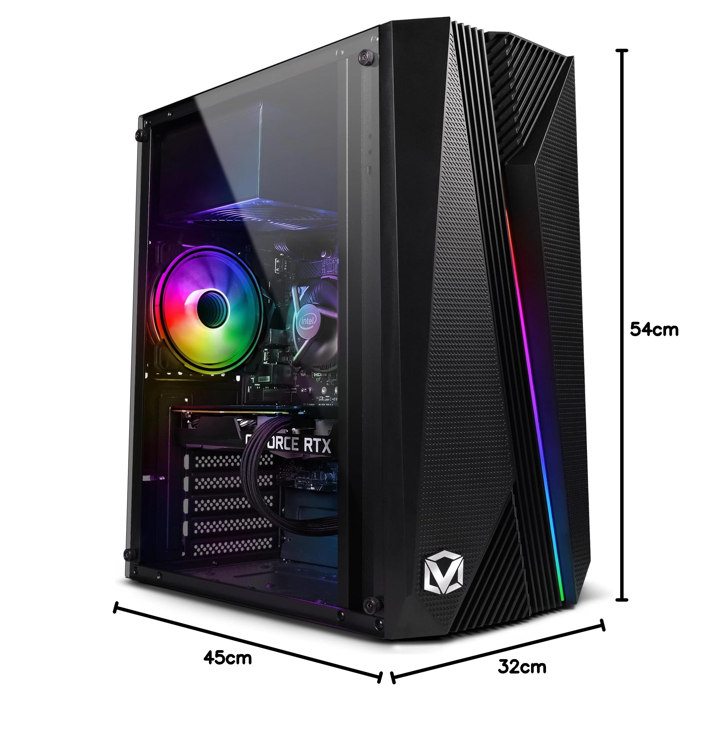 Vibox VTX-1 Boîtier de jeu PC ATX, panneau latéral en verre trempé, ventilateur RVB de 120 mm, noir