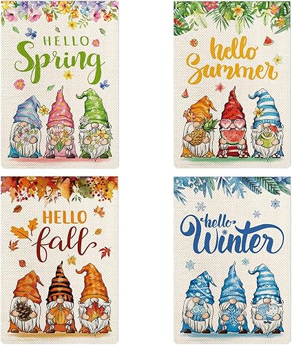 Juego de 4 banderas de jardín de temporada, diseño de Hello Spring, verano, otoño, invierno, tres gnomos, arpillera, banderas de patio con impresión