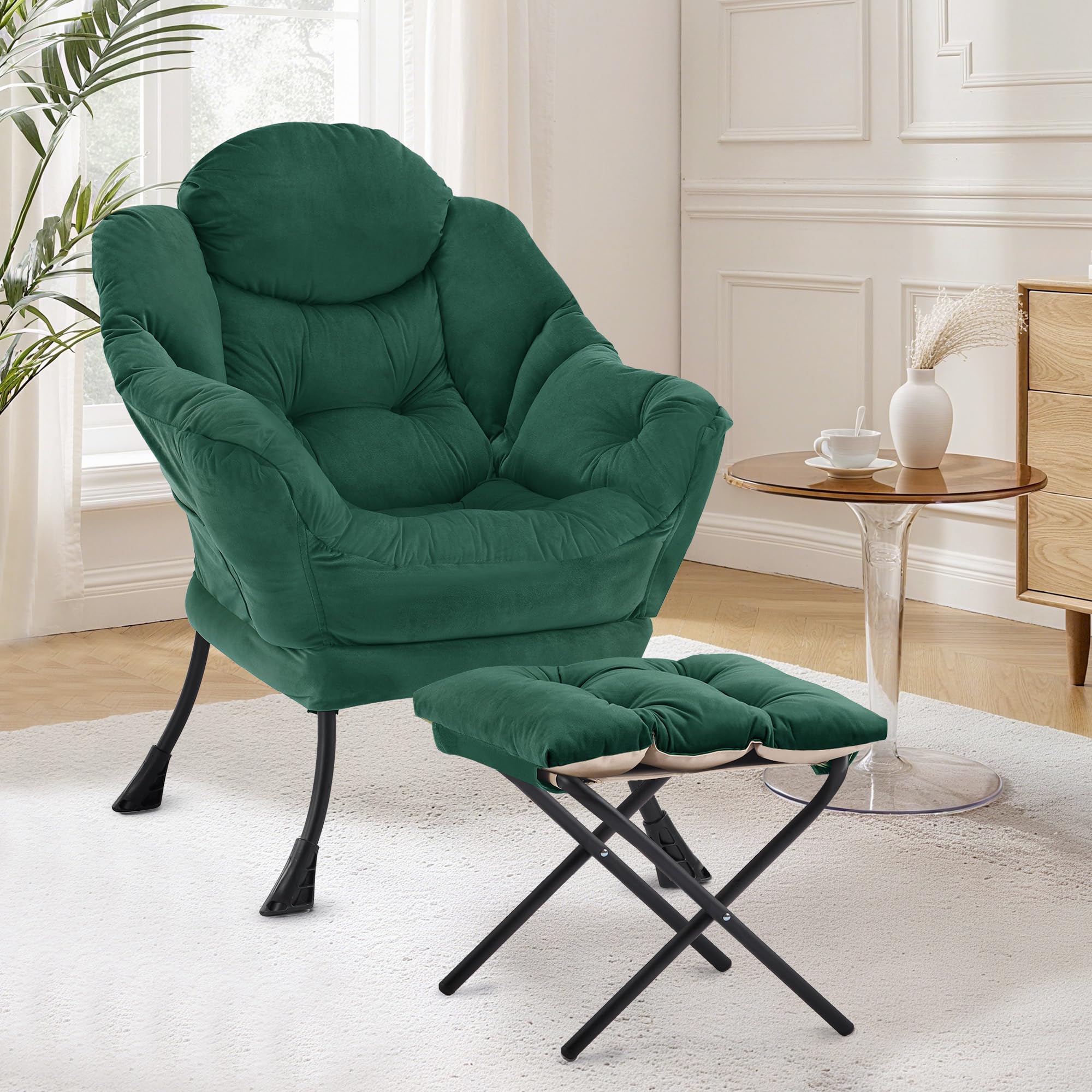 XH.Easy Go Lazy Chair with Ottoman, Accent Lounge Reading Arm Chair with Footstool, Leisure Armchair for Living Room Bedroom Comfy Arm Chairs with Footrest and Side Pocket, Green — image 1