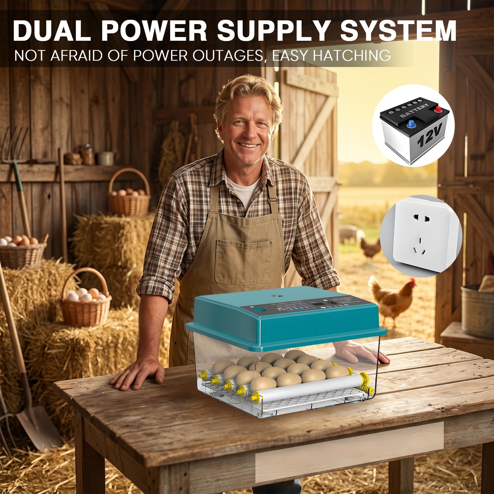 Incubatrice per uova di gallina, 36 uova, incubatrice automatica, controllo intelligente di temperatura e umidità, rotazione automatica, rulli regolabili, luce tester integrata