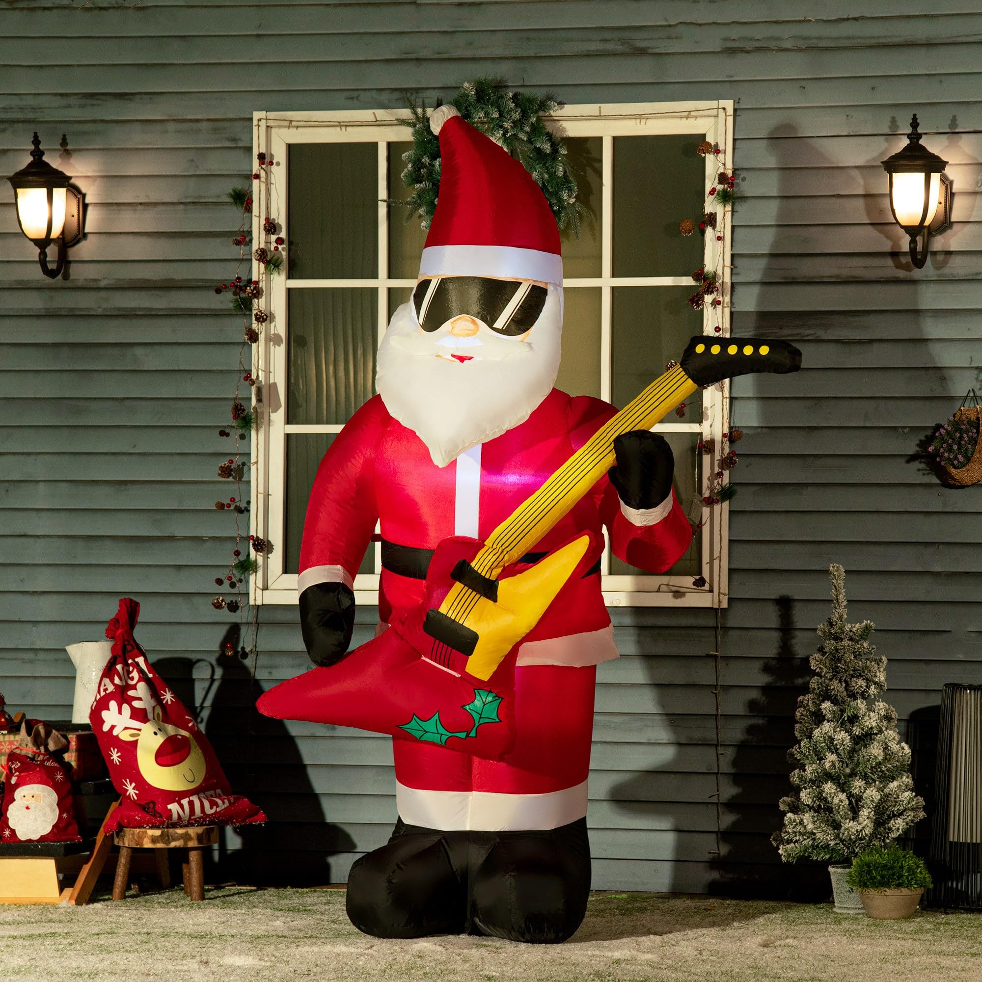 Outsunny 215 cm Aufblasbarer Weihnachtsmann mit E-Gitarre Wasserdicht