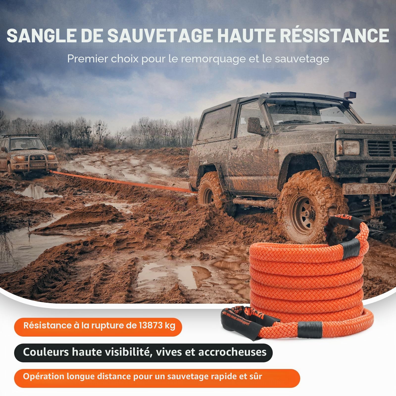 VEVOR Corde de remorquage de récupération cinétique, 22,225 mm x 6,1 m, Sangle d'arrachage Robuste Tout-Terrain, 13871 kg, énergie résistante à 30% d'élasticité pour Jeep Voiture Camion ATV UTV SUV